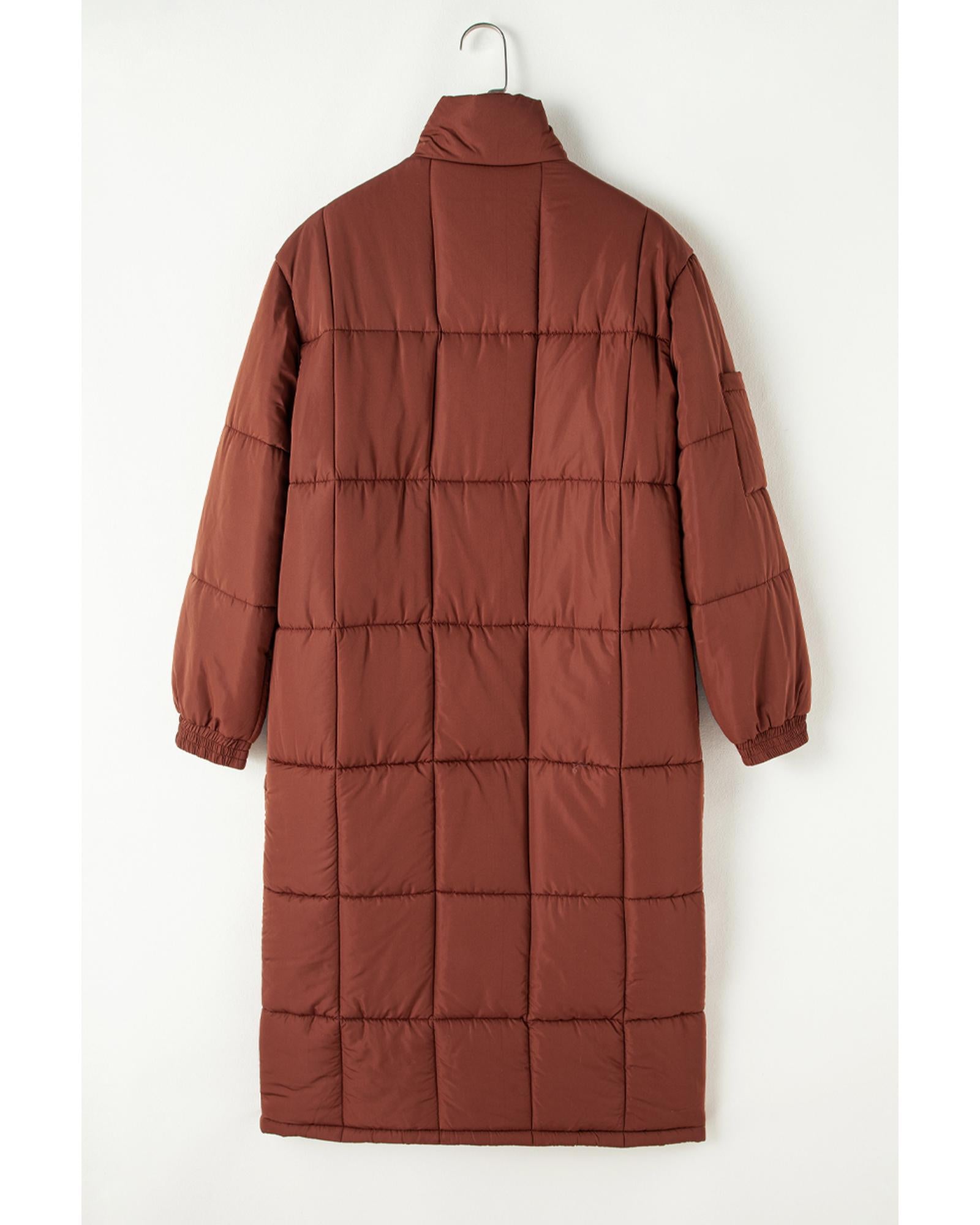 Coffee Quilted Puffer Stand Neck Zipped Mid-length Coat - M 6