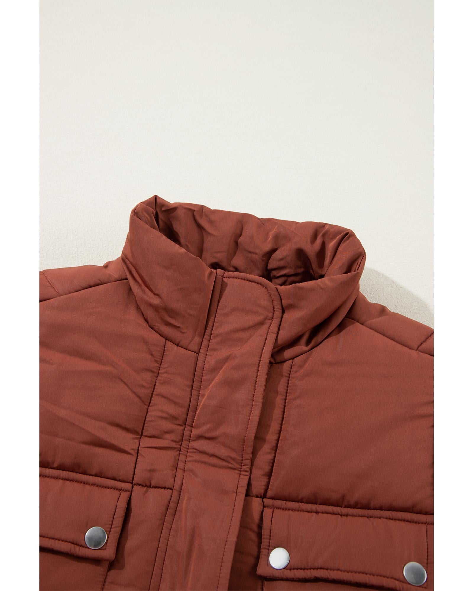 Coffee Quilted Puffer Stand Neck Zipped Mid-length Coat - M 7