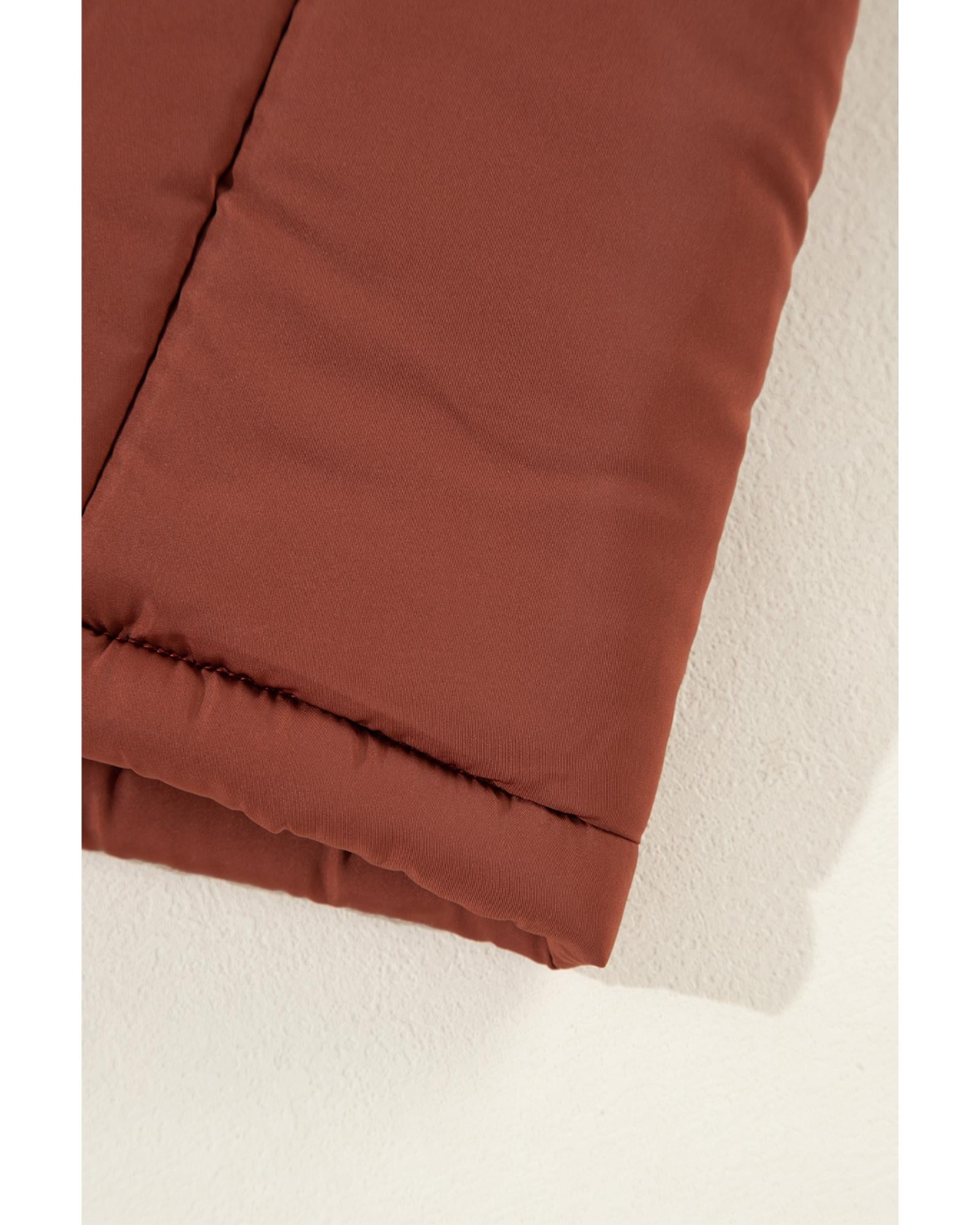 Coffee Quilted Puffer Stand Neck Zipped Mid-length Coat - XL 3