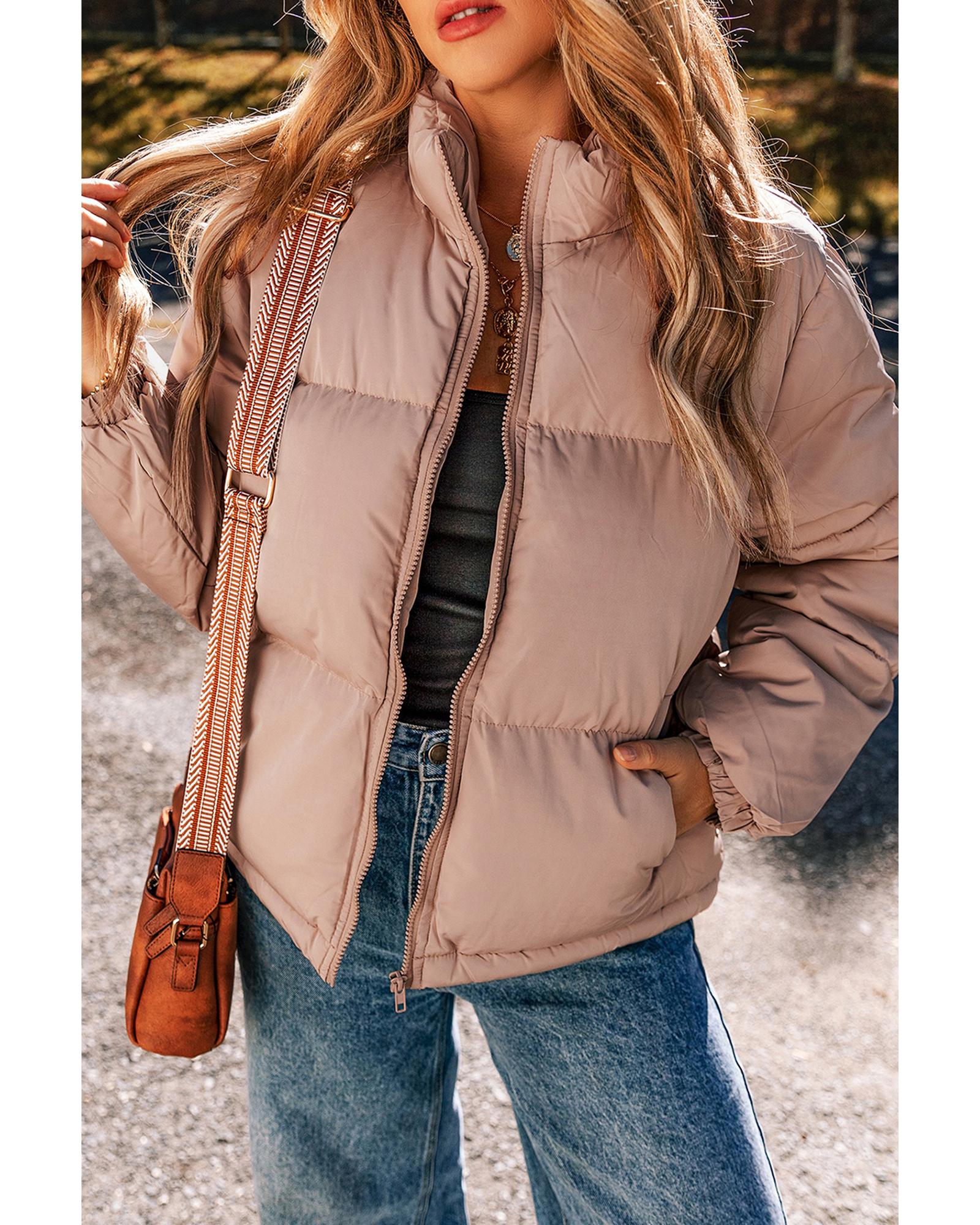 Apricot Pink Full Zipper Quilted Puffer Jacket - L 5