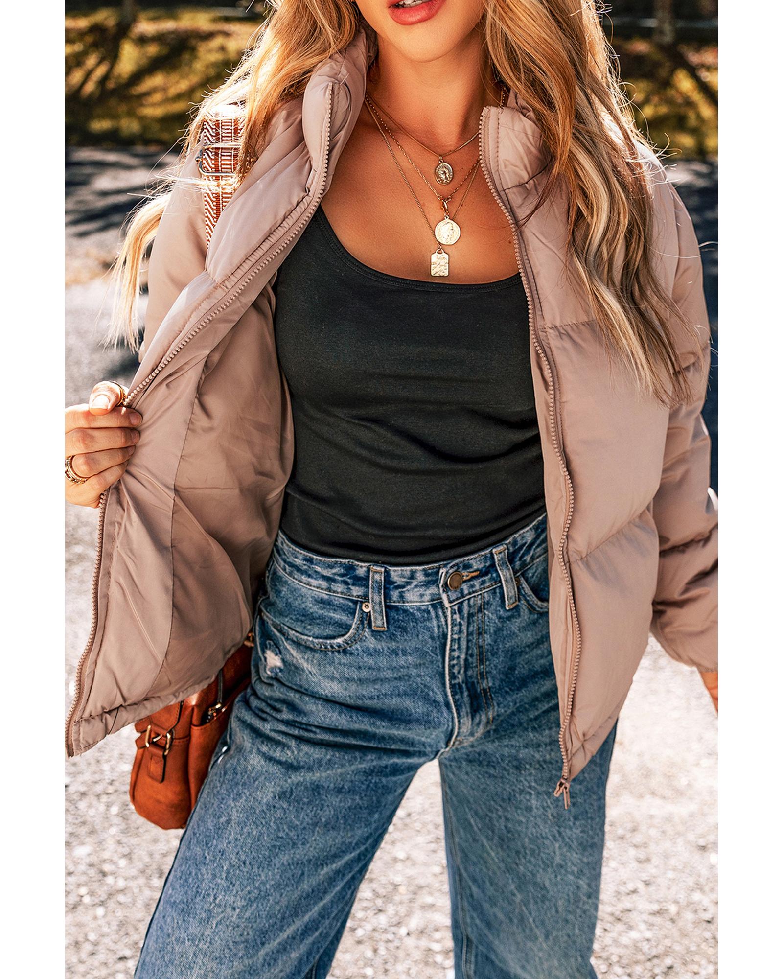 Apricot Pink Full Zipper Quilted Puffer Jacket - S