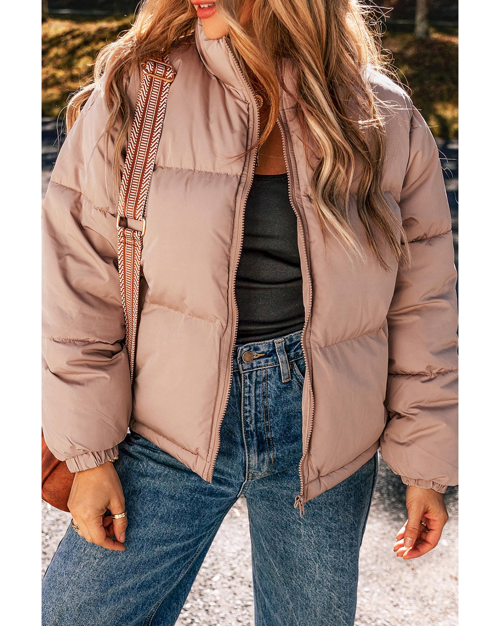 Apricot Pink Full Zipper Quilted Puffer Jacket - S 8