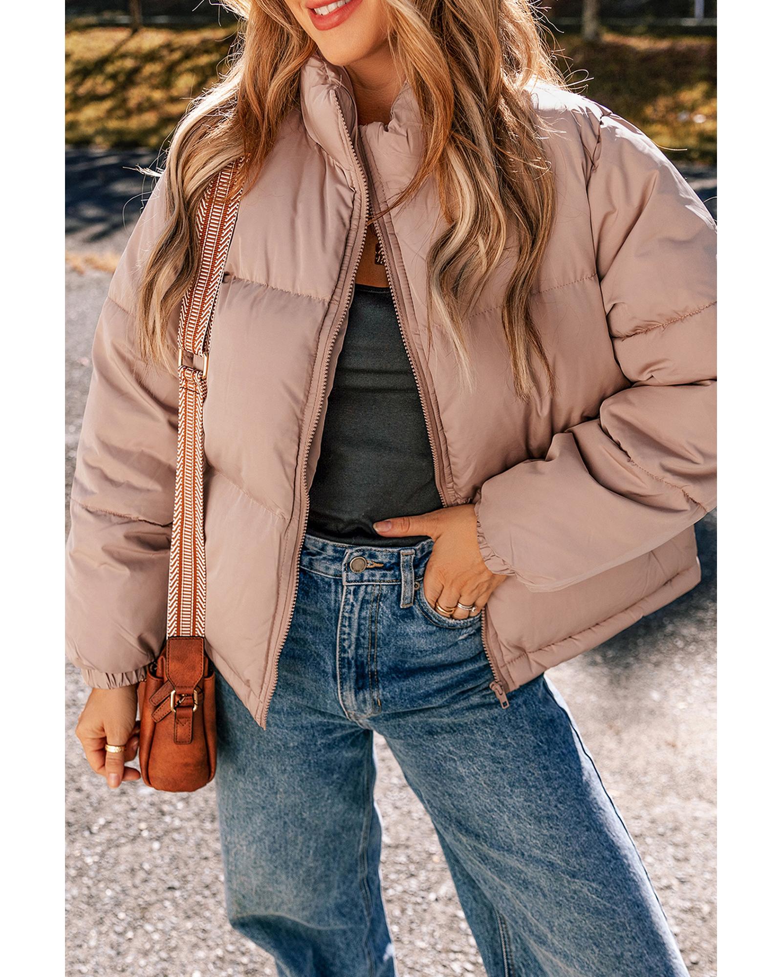 Apricot Pink Full Zipper Quilted Puffer Jacket - XL