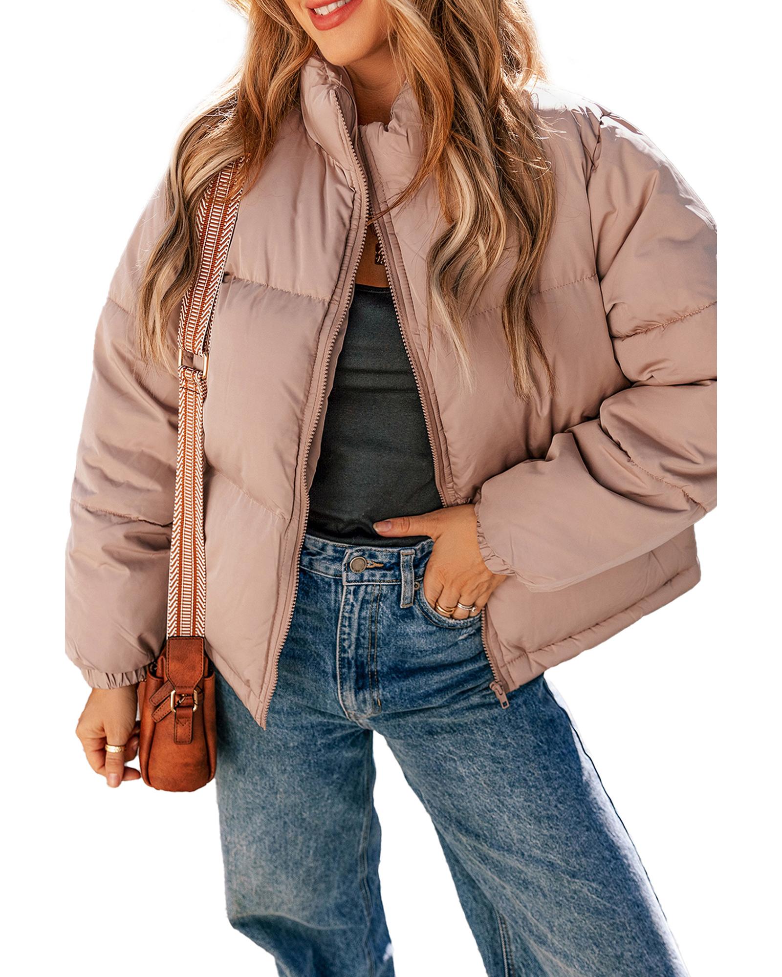 Apricot Pink Full Zipper Quilted Puffer Jacket - XL 4