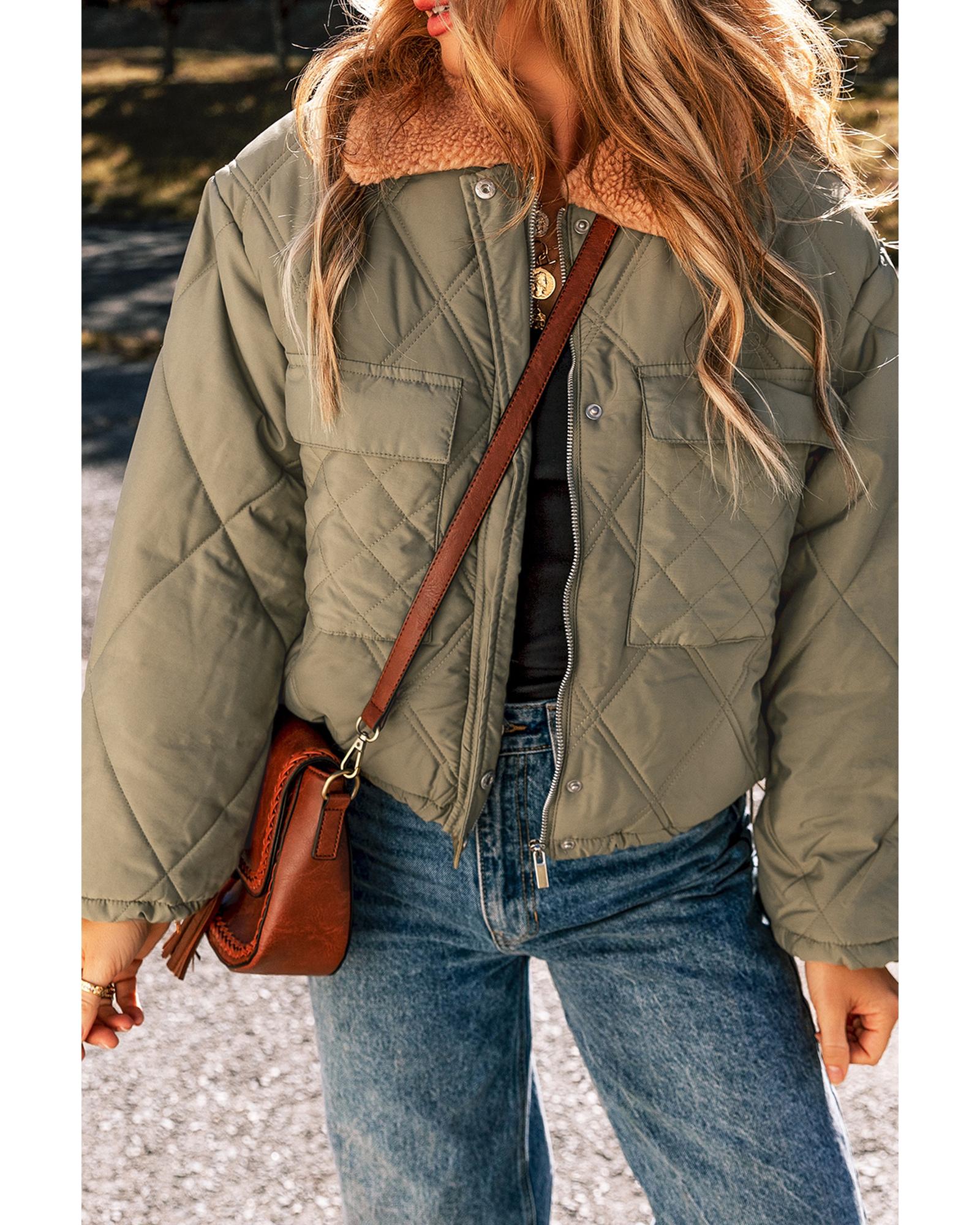 Jungle Green Teddy Collar Flap Pockets Quilted Puffer Jacket - S 7