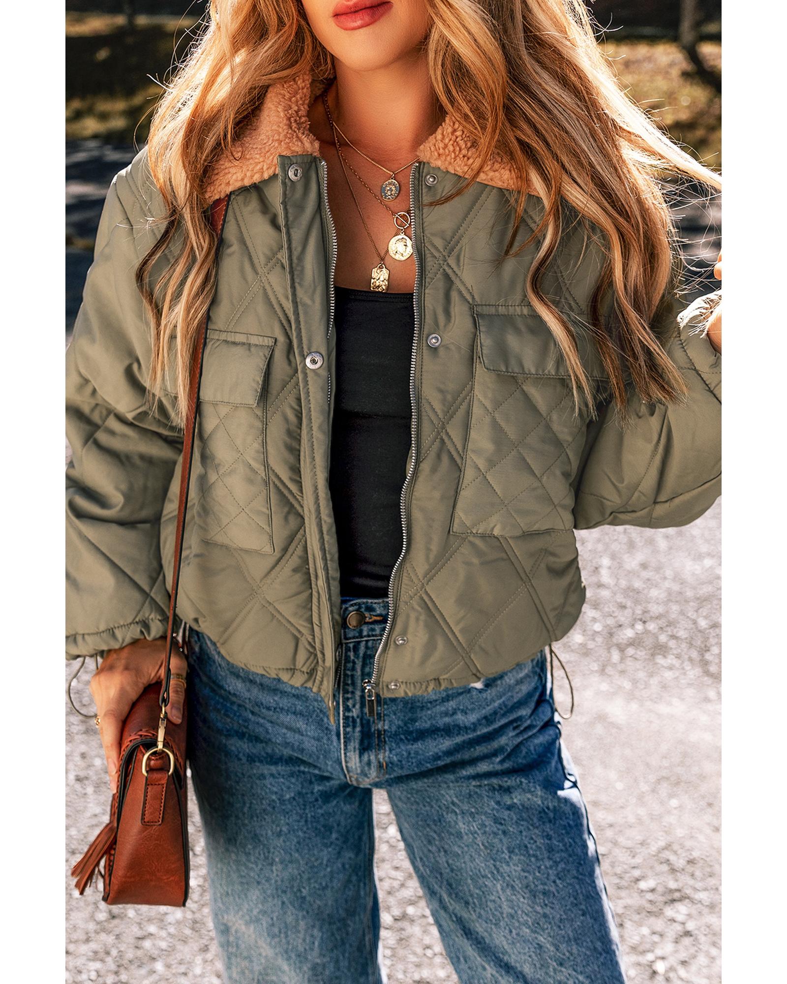 Jungle Green Teddy Collar Flap Pockets Quilted Puffer Jacket - XL