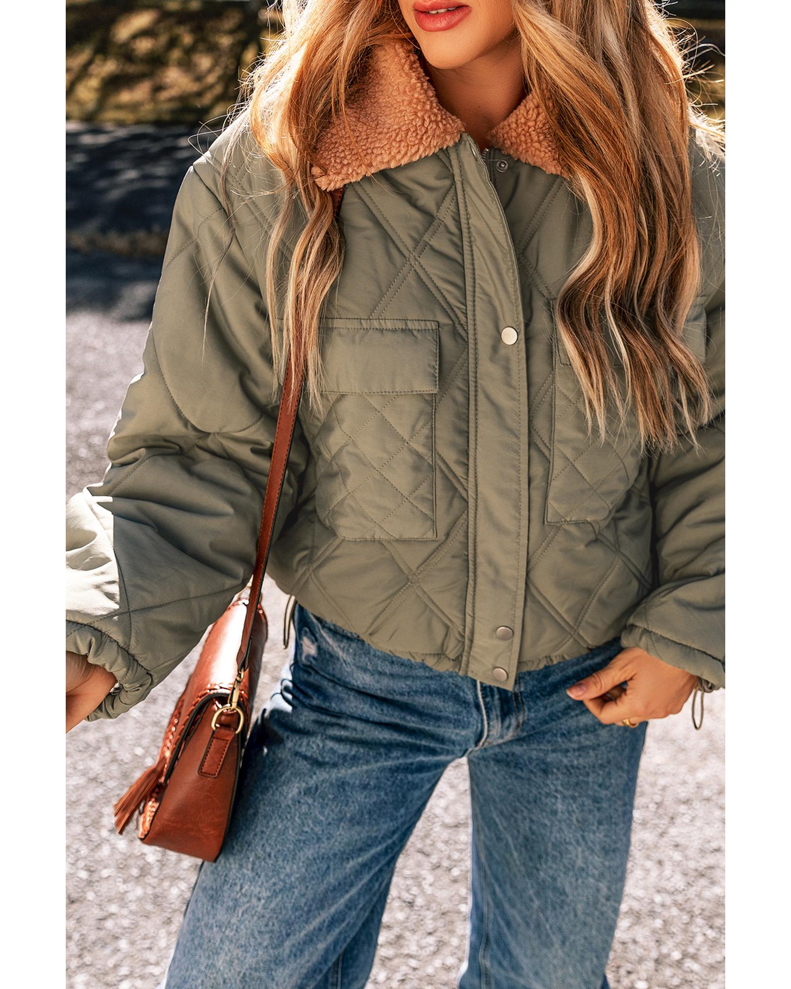 Jungle Green Teddy Collar Flap Pockets Quilted Puffer Jacket - XL 8