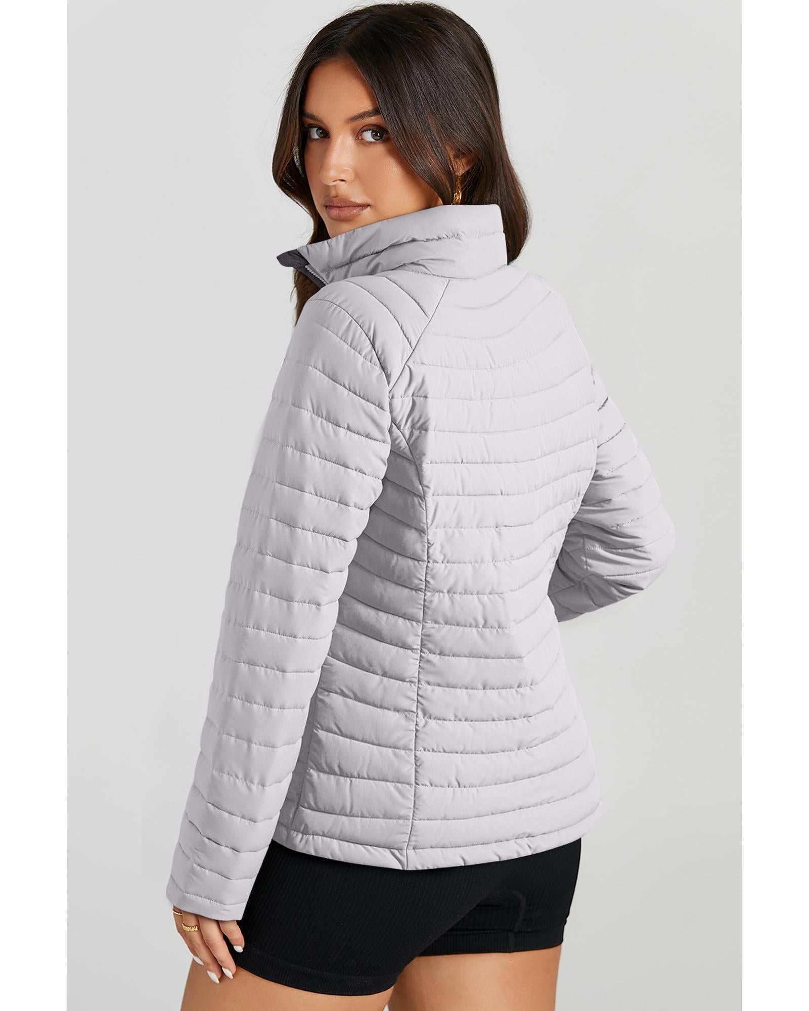 Silvery Solid Color Quilted Zip-up Puffer Jacket - M 4