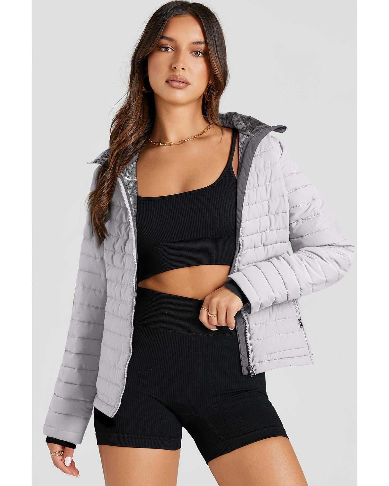 Silvery Solid Color Quilted Zip-up Puffer Jacket - M 6