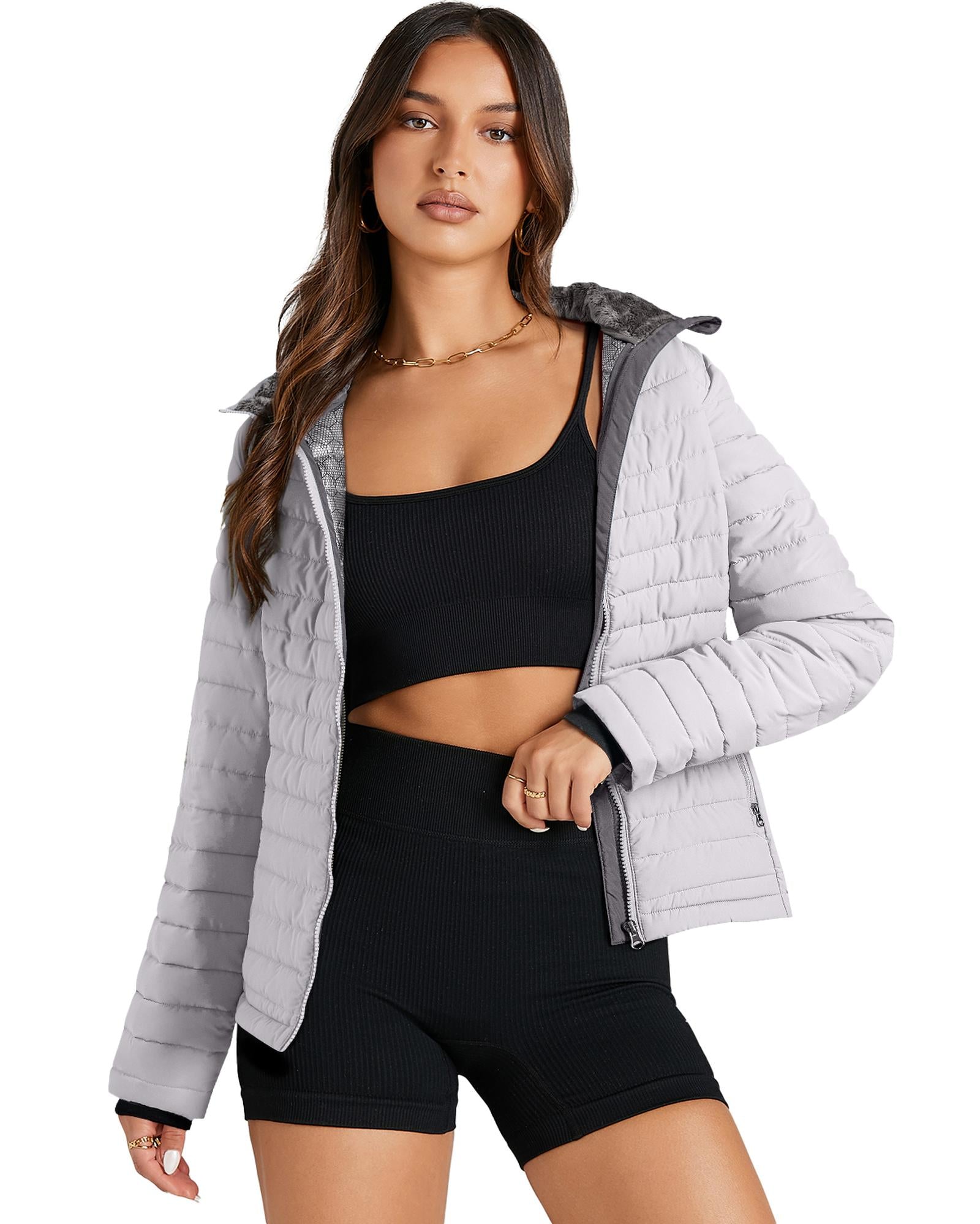 Silvery Solid Color Quilted Zip-up Puffer Jacket - S 3