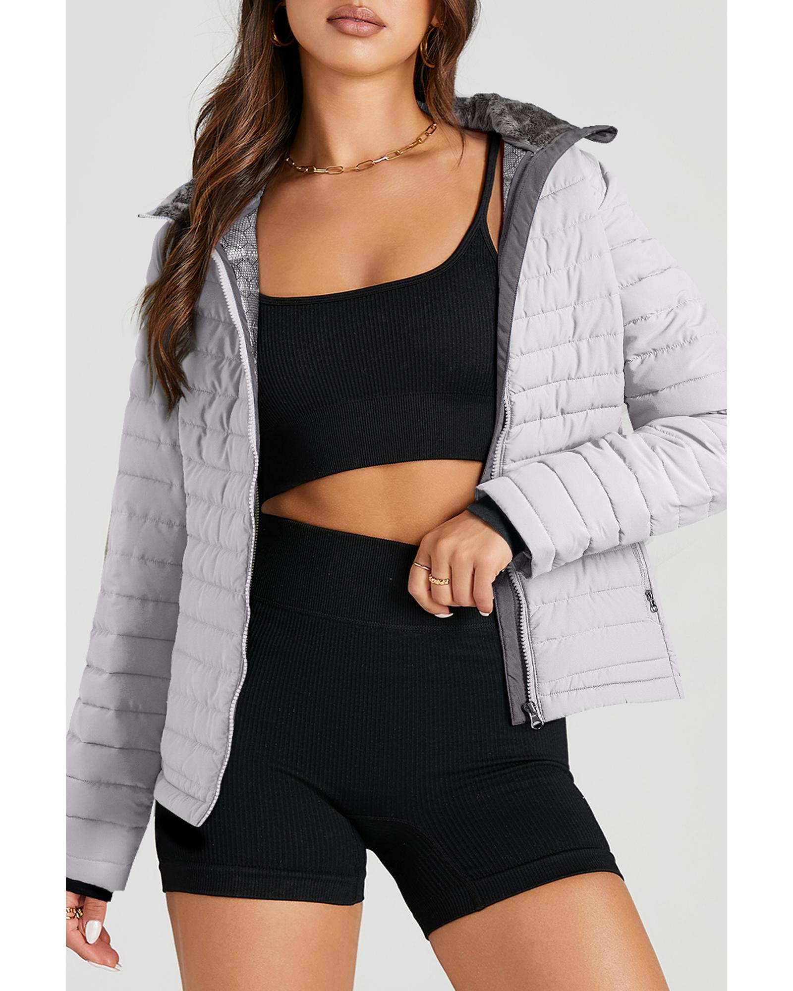 Silvery Solid Color Quilted Zip-up Puffer Jacket - XL 6