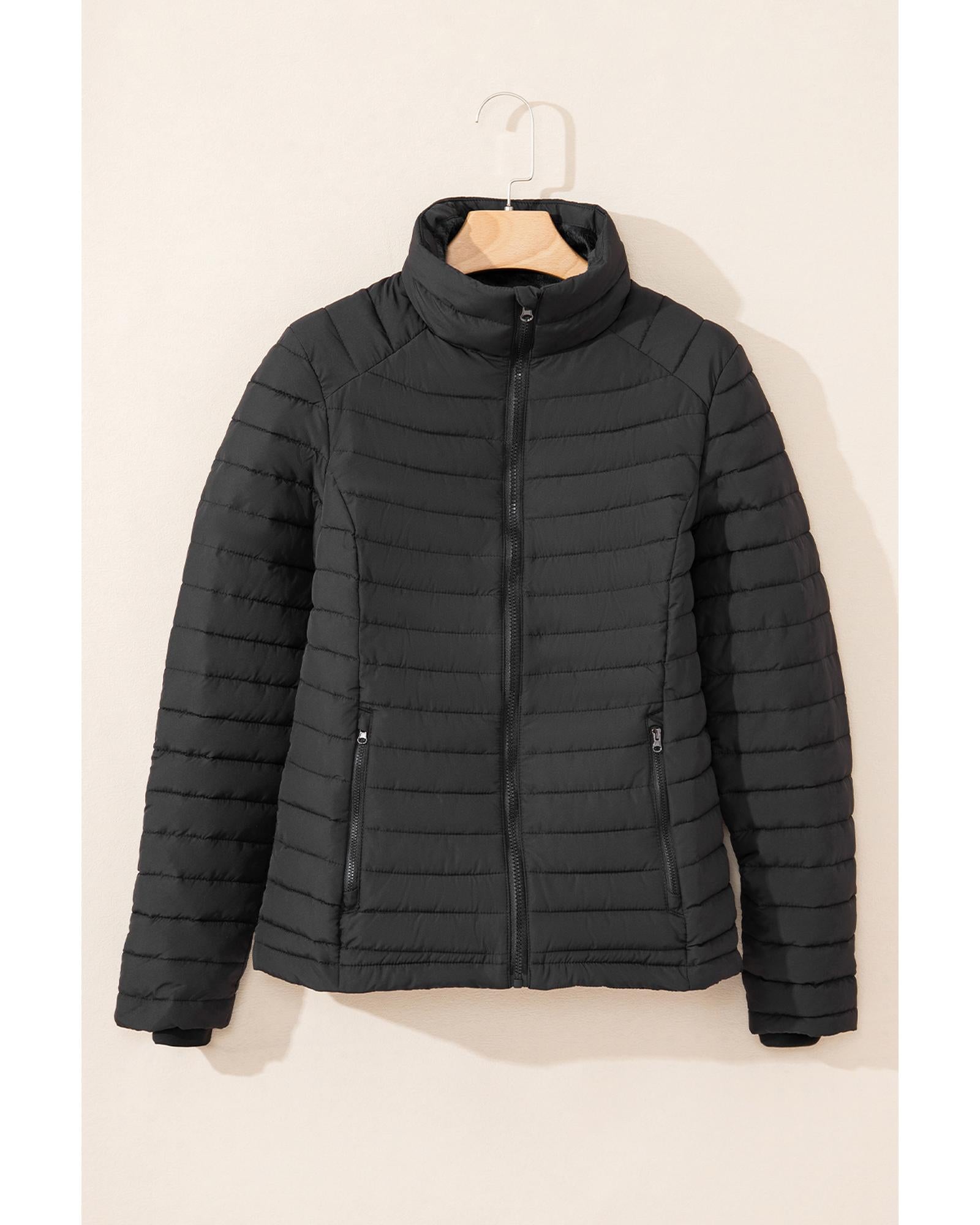 Black Solid Color Quilted Zip-up Puffer Jacket - L 8