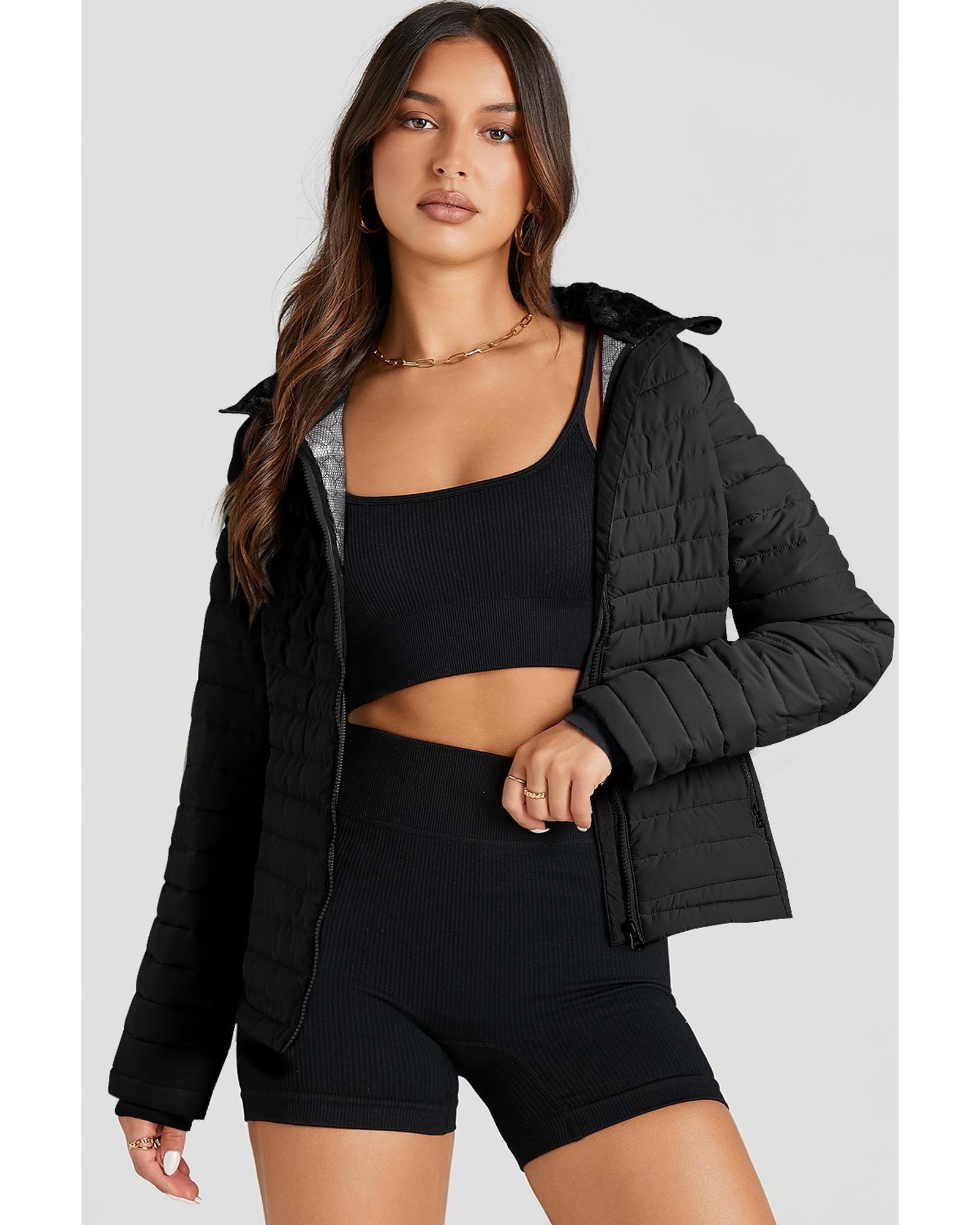 Black Solid Color Quilted Zip-up Puffer Jacket - M 3