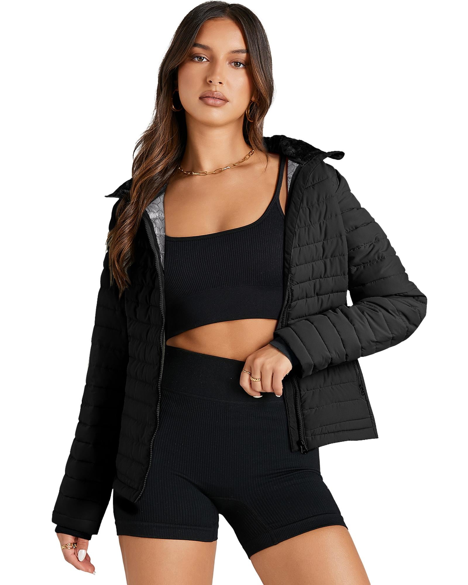 Black Solid Color Quilted Zip-up Puffer Jacket - S 4