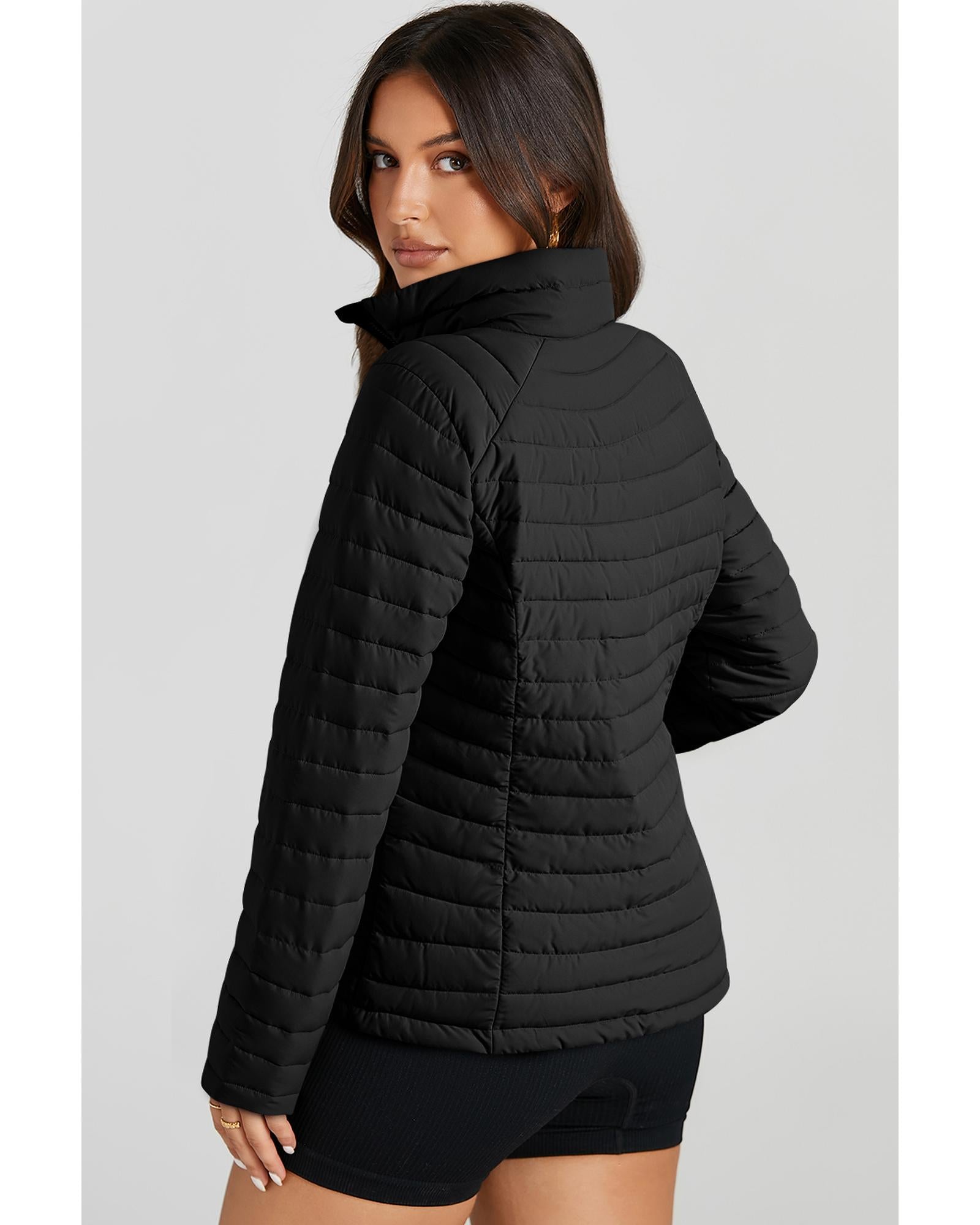 Black Solid Color Quilted Zip-up Puffer Jacket - XL
