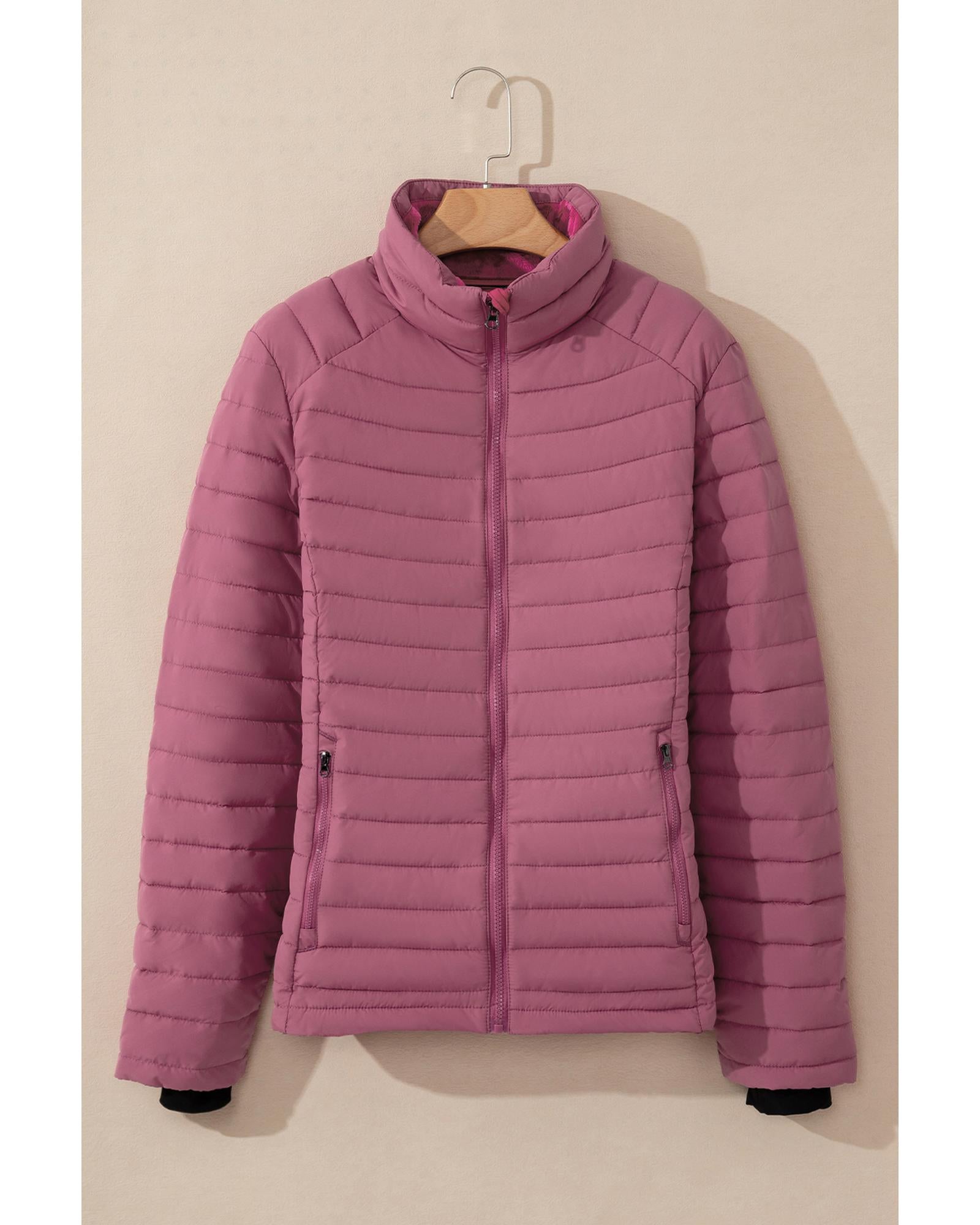 Burgundy Solid Color Quilted Zip-up Puffer Jacket - 2XL 5