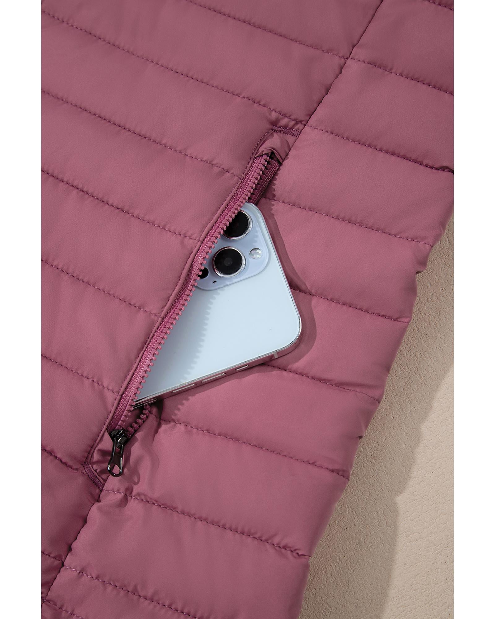 Burgundy Solid Color Quilted Zip-up Puffer Jacket - XL