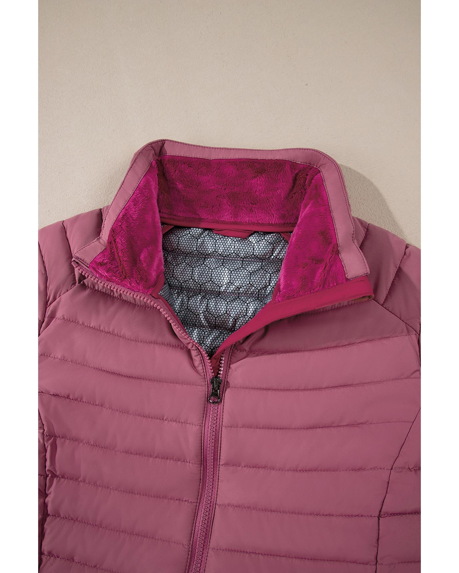 Burgundy Solid Color Quilted Zip-up Puffer Jacket - XL 4
