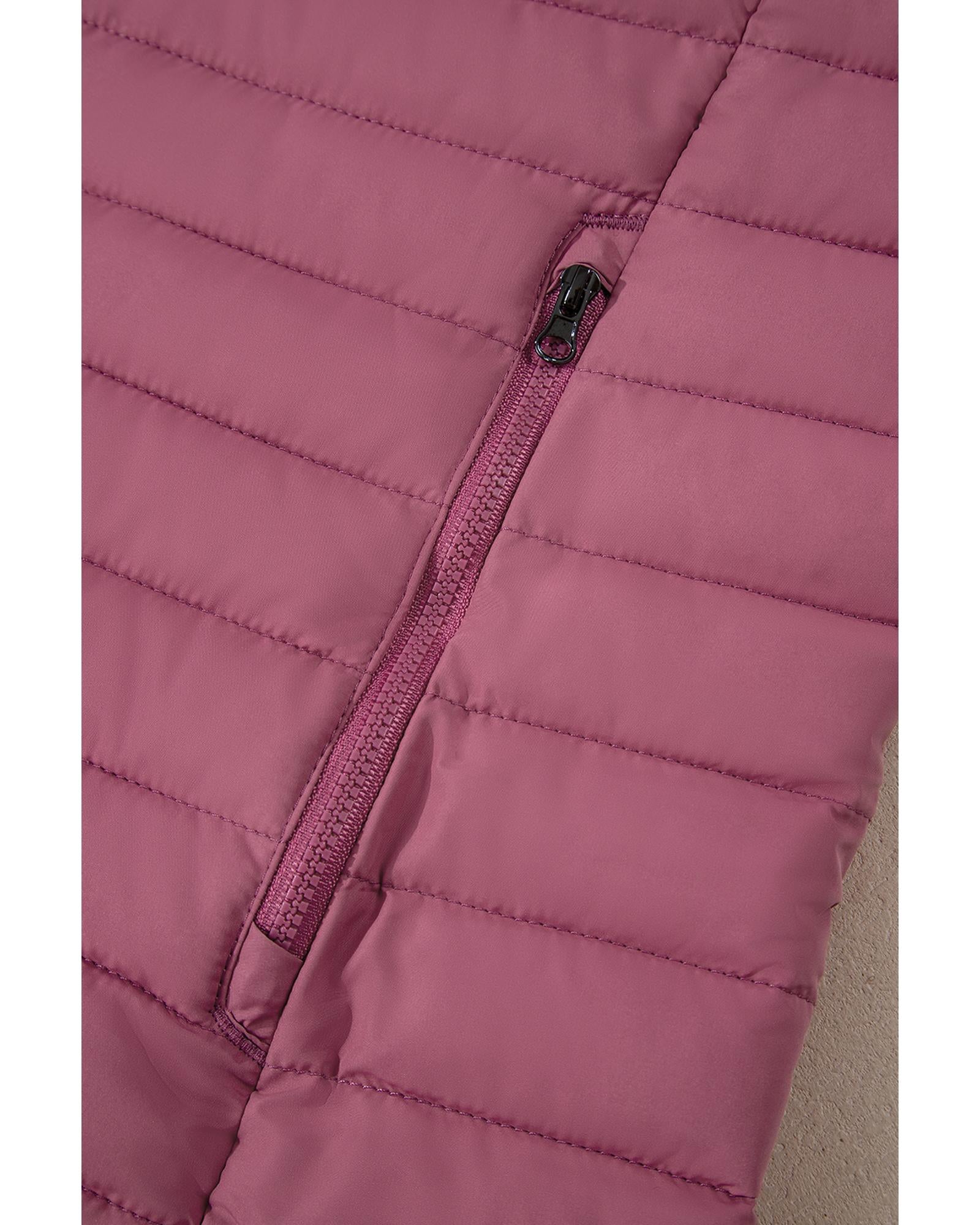 Burgundy Solid Color Quilted Zip-up Puffer Jacket - XL 8