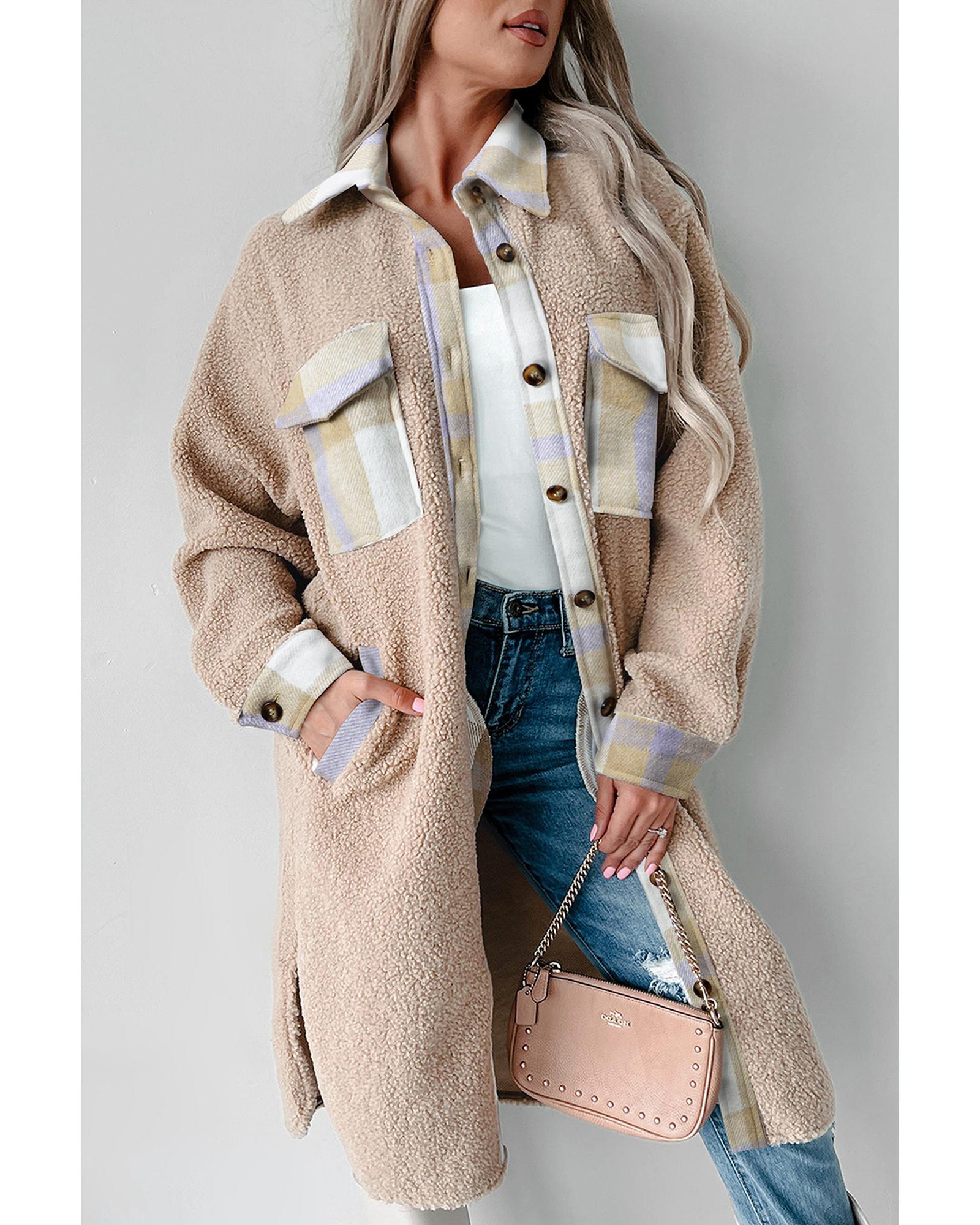 Smoke Gray Plaid Patchwork Collared Button-up Sherpa Long Coat - M