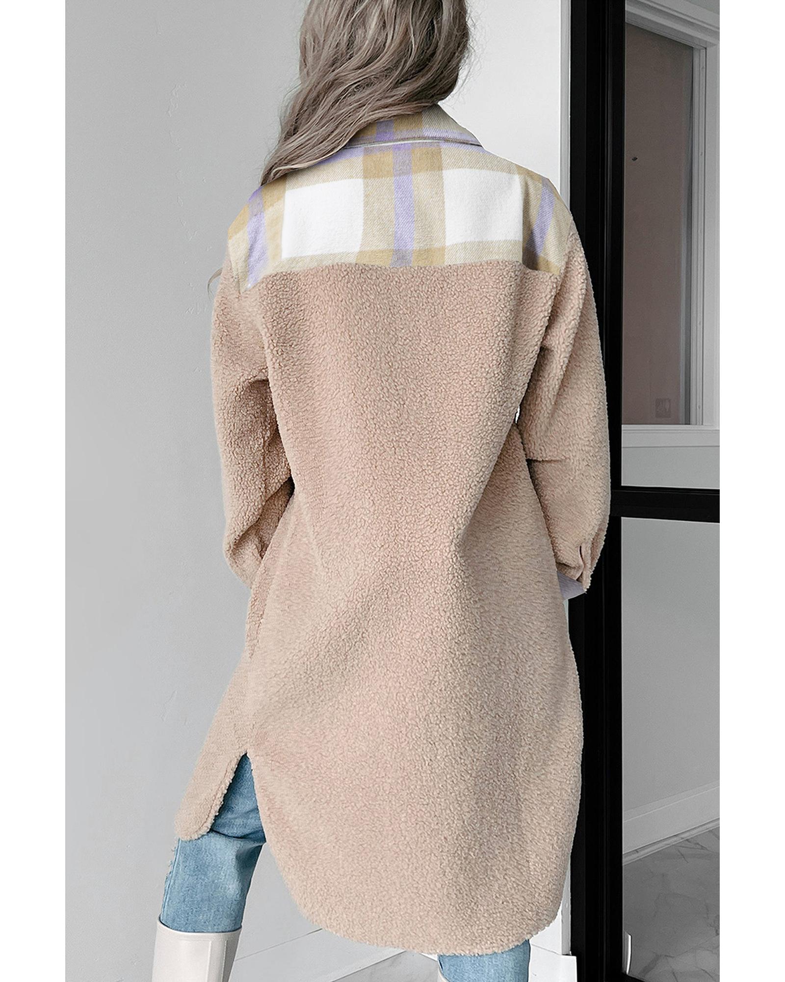 Smoke Gray Plaid Patchwork Collared Button-up Sherpa Long Coat - M 3