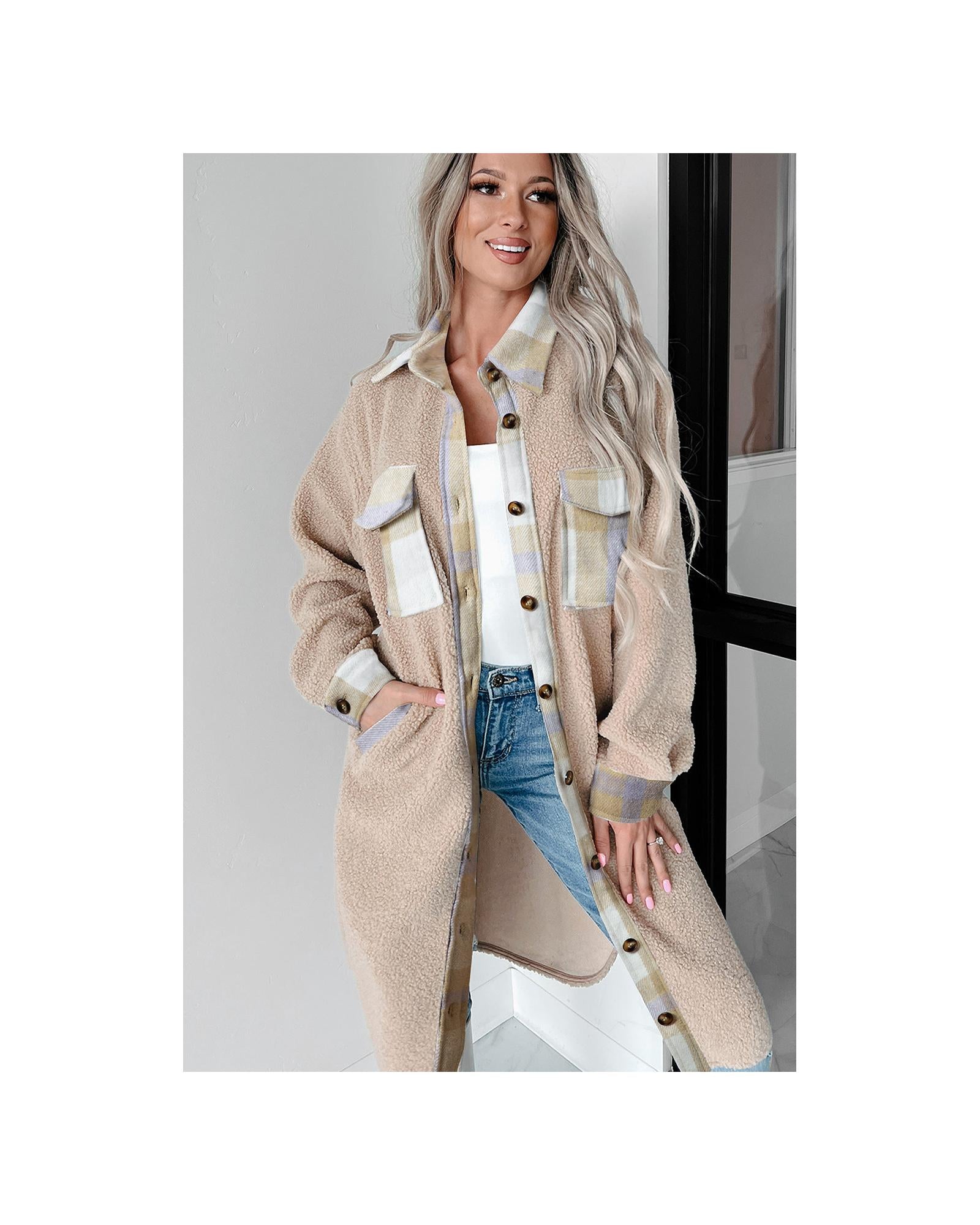 Smoke Gray Plaid Patchwork Collared Button-up Sherpa Long Coat - M 5