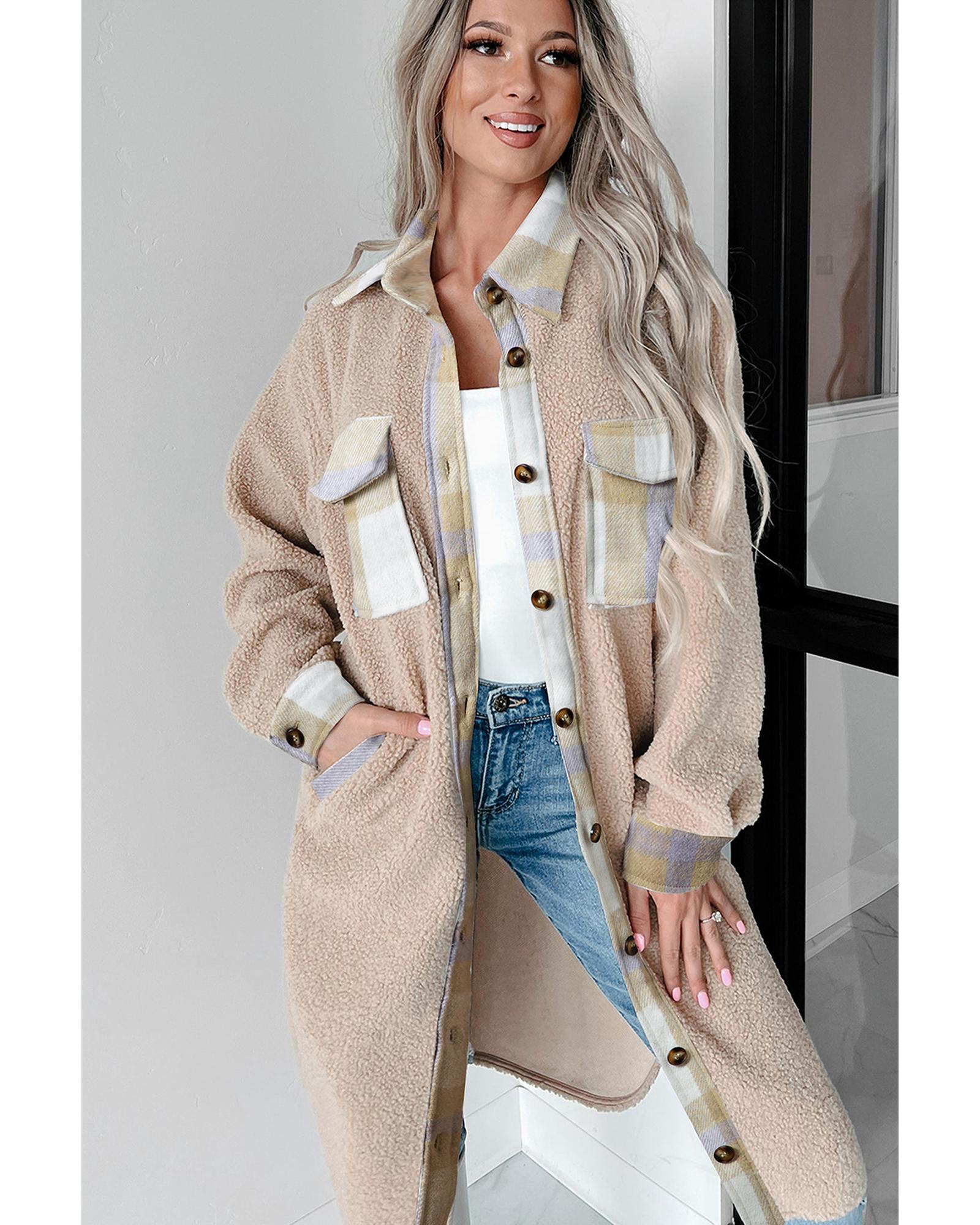 Smoke Gray Plaid Patchwork Collared Button-up Sherpa Long Coat - M 8