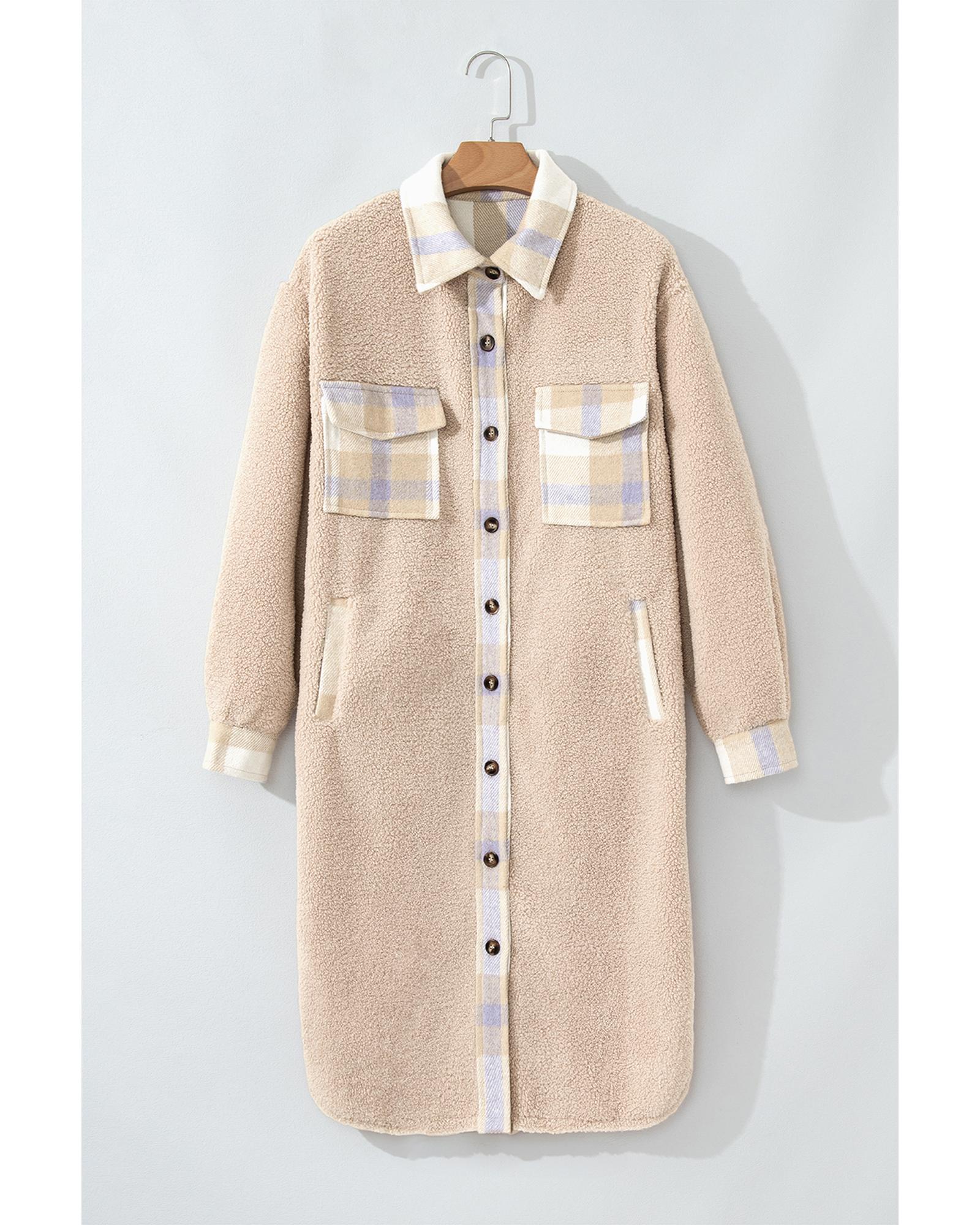 Smoke Gray Plaid Patchwork Collared Button-up Sherpa Long Coat - XL 6