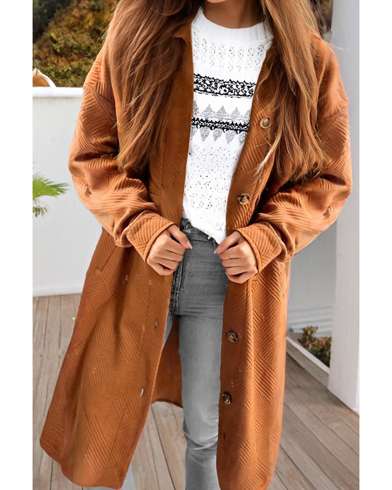 Gold Flame Textured Collared Drop Shoulder Buttoned Front Duster Coat - L 3