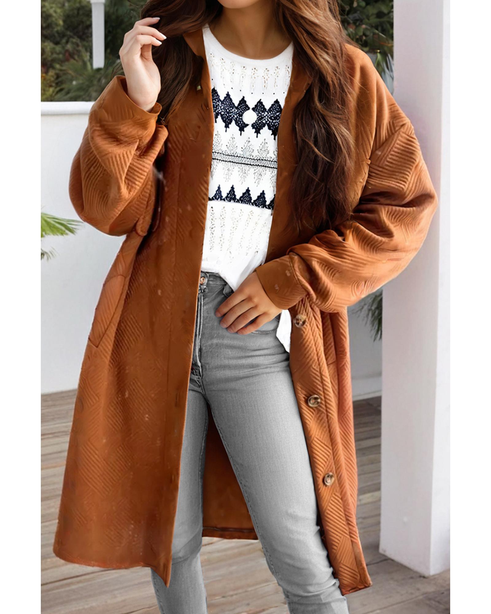 Gold Flame Textured Collared Drop Shoulder Buttoned Front Duster Coat - XL 7