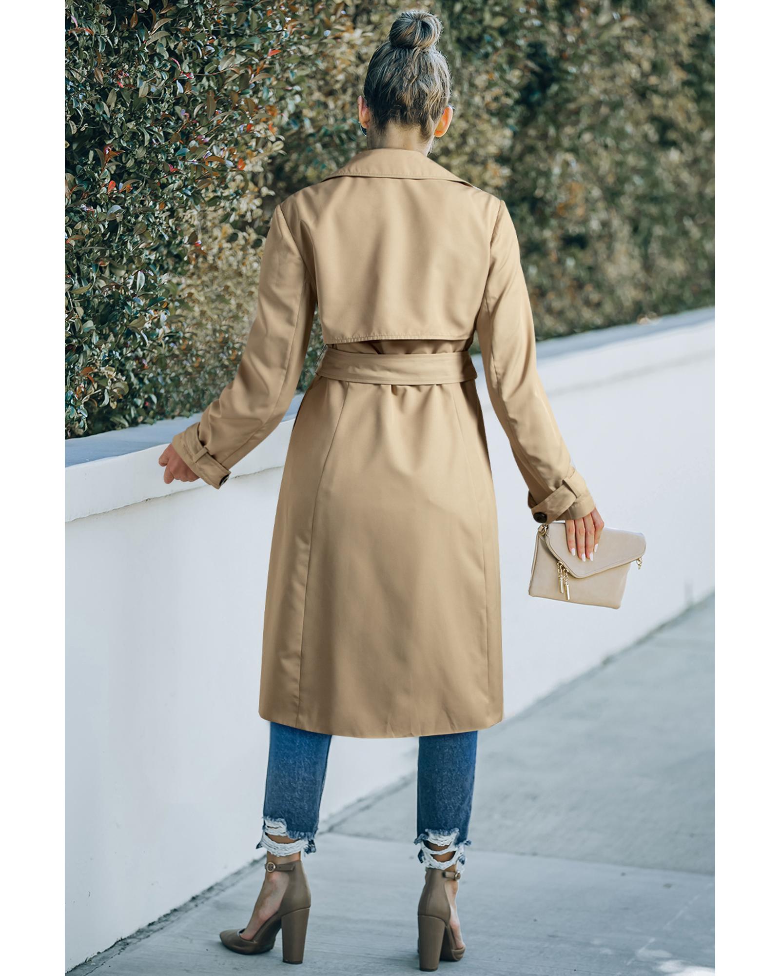 Pale Khaki Solid Color Lapel Collar Waist Tie Wind Coat - L