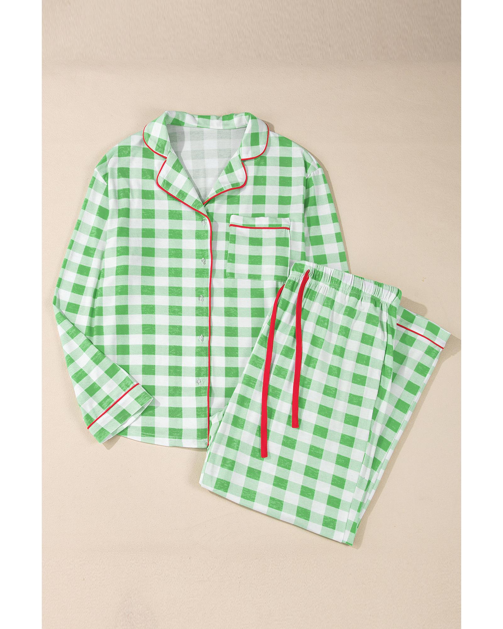 Green Plaid Print Contrast Trim Long Sleeve Plus Size Pajama Set - 1X 7