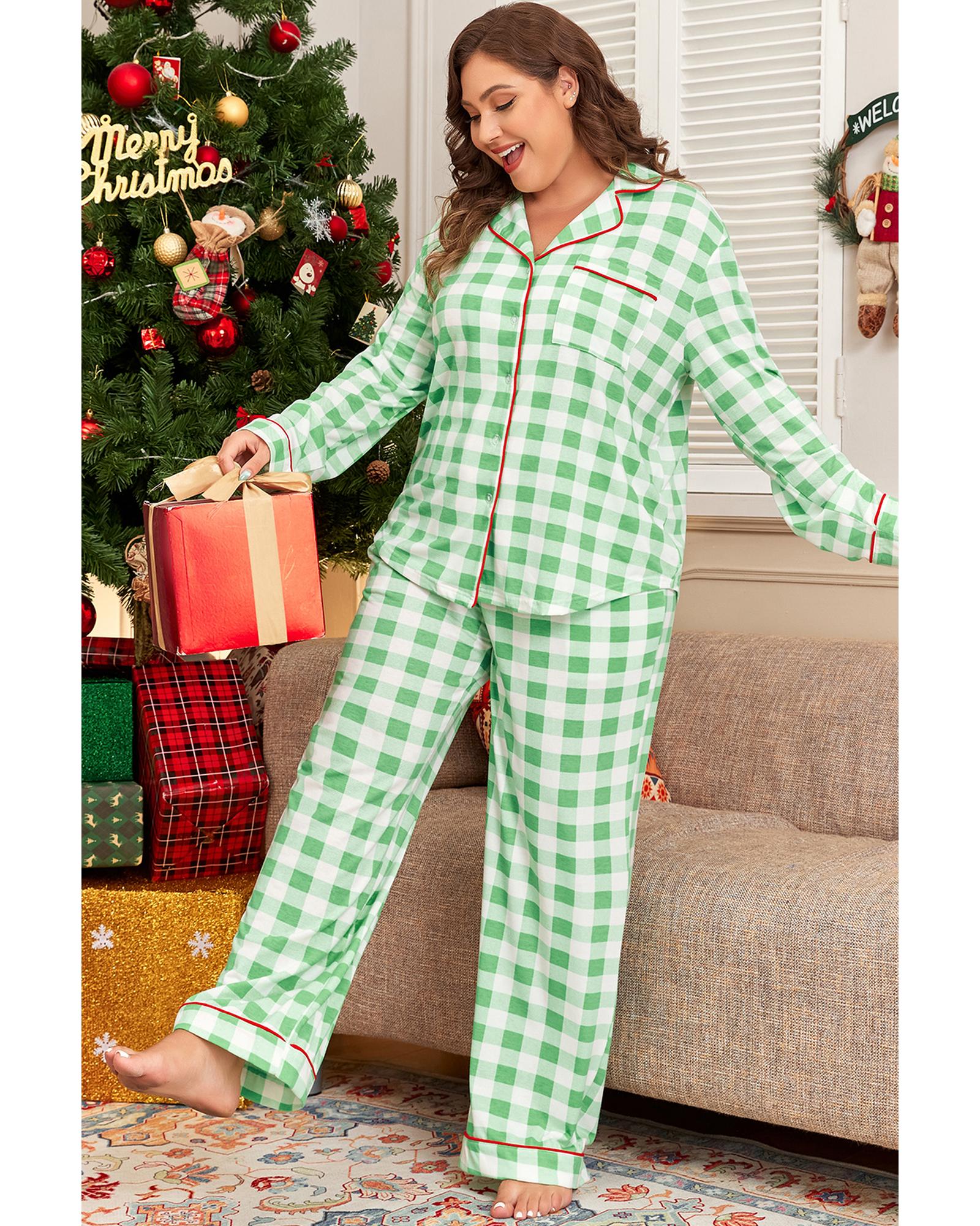 Green Plaid Print Contrast Trim Long Sleeve Plus Size Pajama Set - 3X 4
