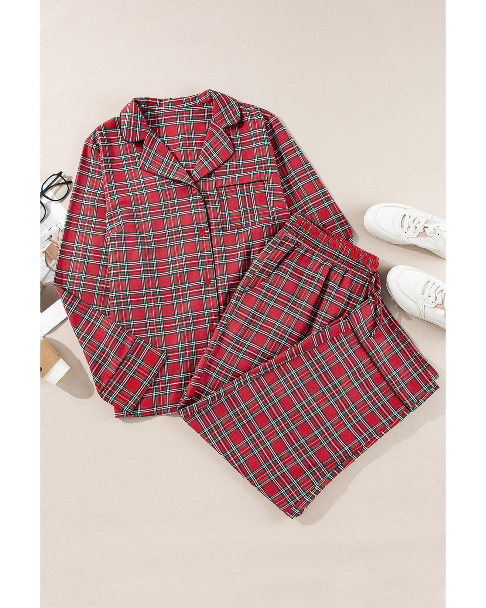 Red Plaid Printed Shirt and Pants Plus Size Lounge Set - 1X 5