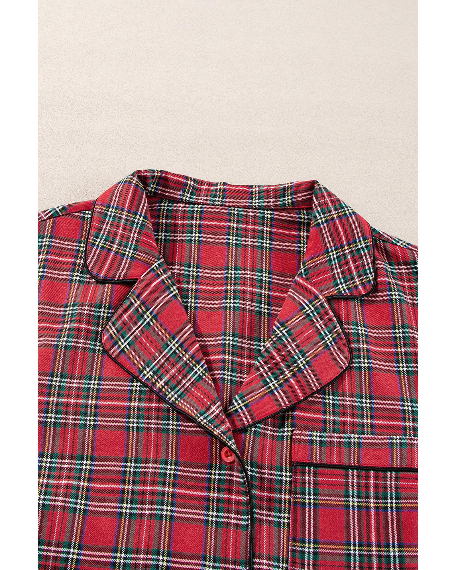 Red Plaid Printed Shirt and Pants Plus Size Lounge Set - 1X 6