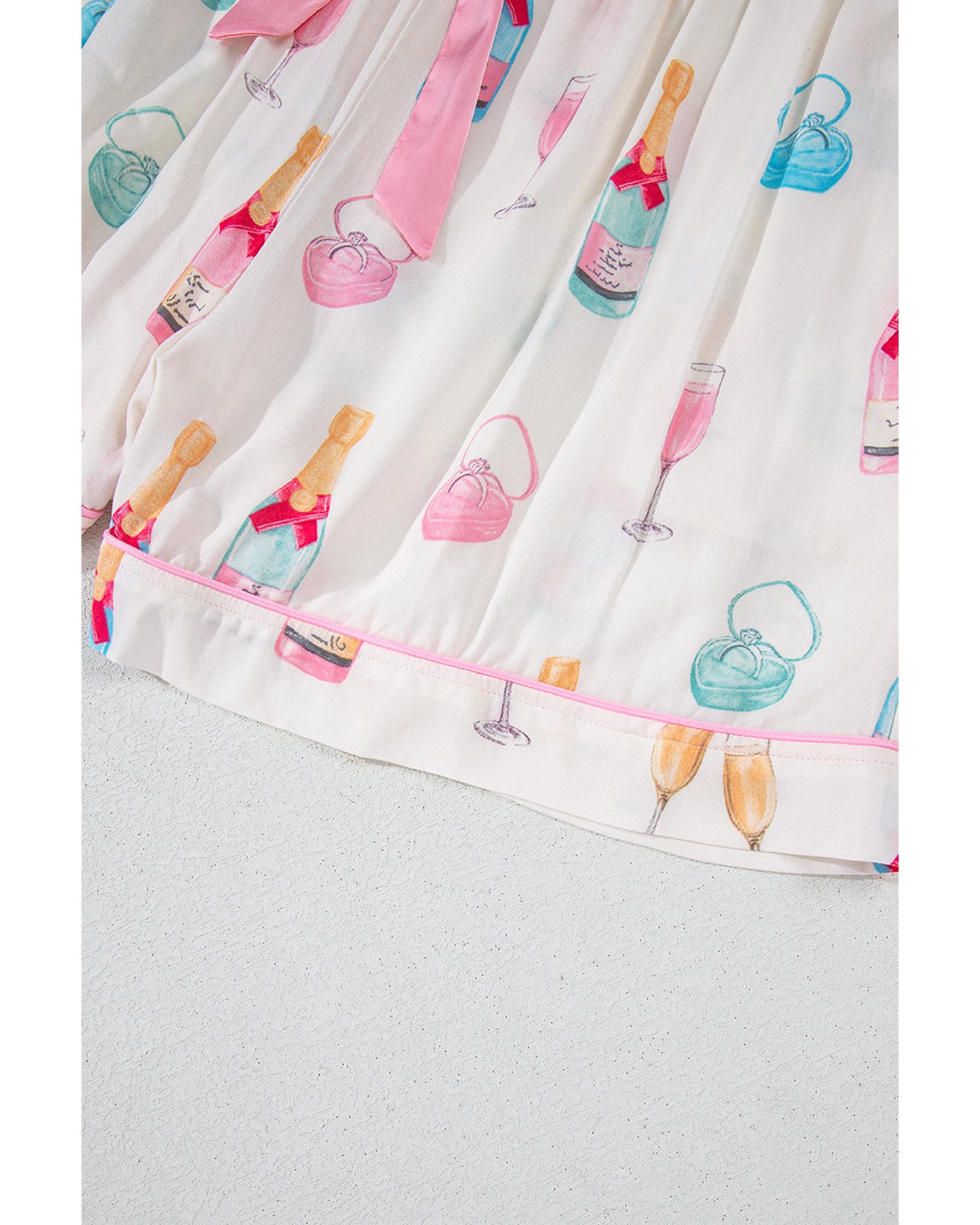 White Plus Size Wine Glass Print Bow Knot Pajama Set - 1X 4