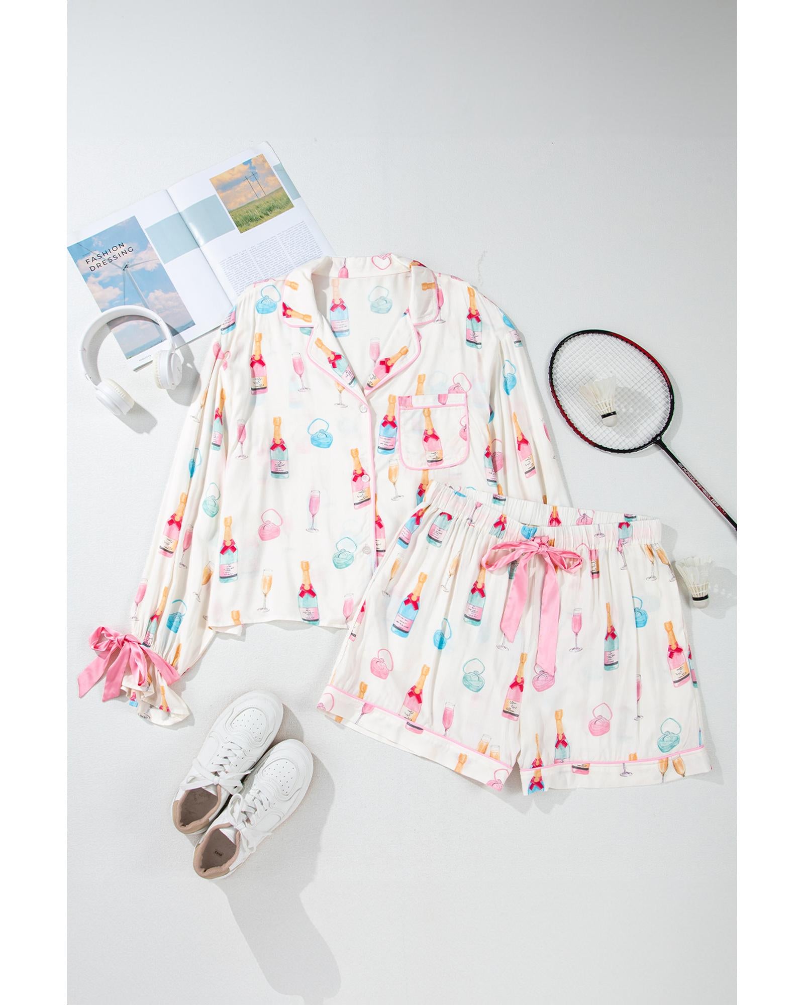 White Plus Size Wine Glass Print Bow Knot Pajama Set - 3X