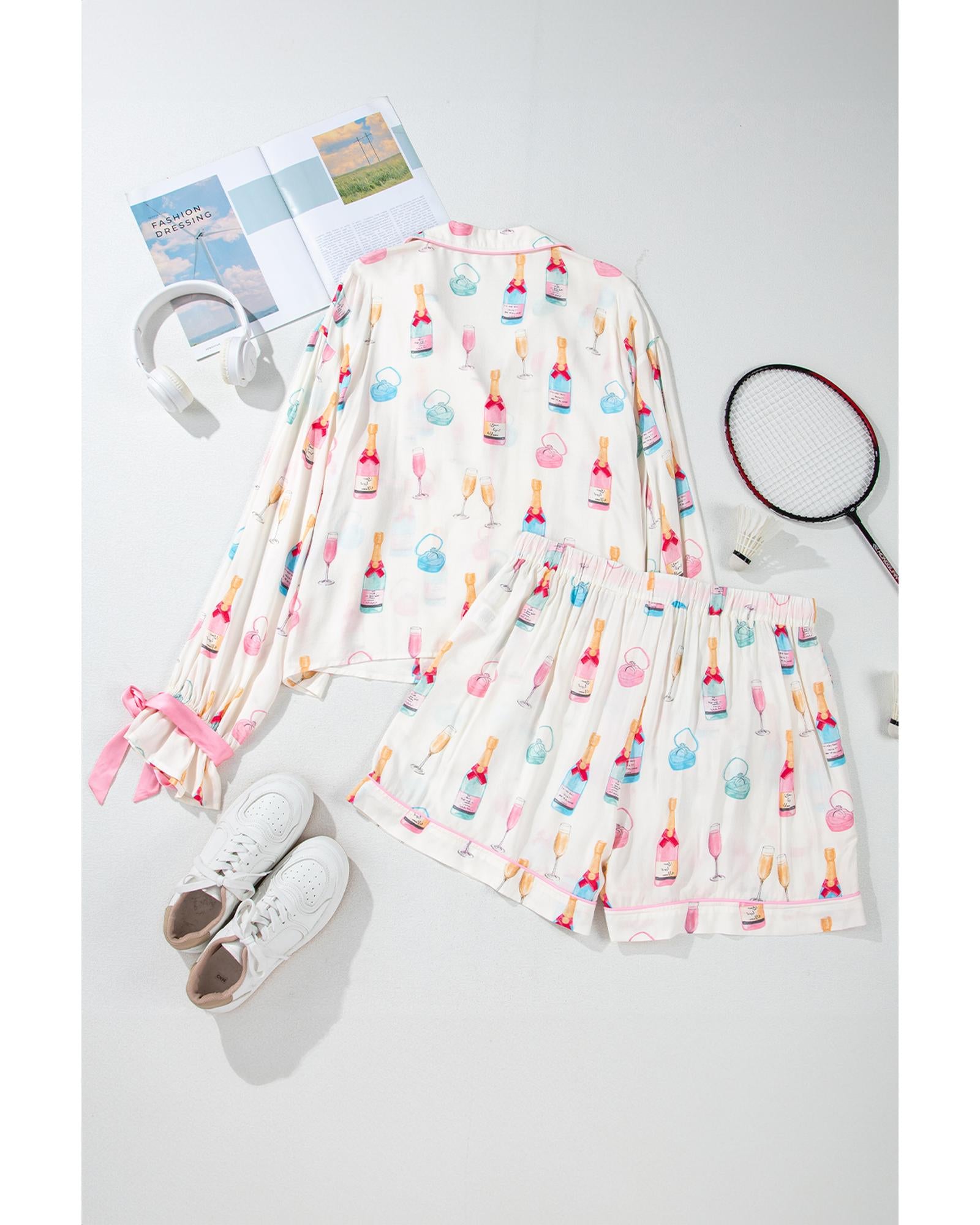 White Plus Size Wine Glass Print Bow Knot Pajama Set - 3X 8