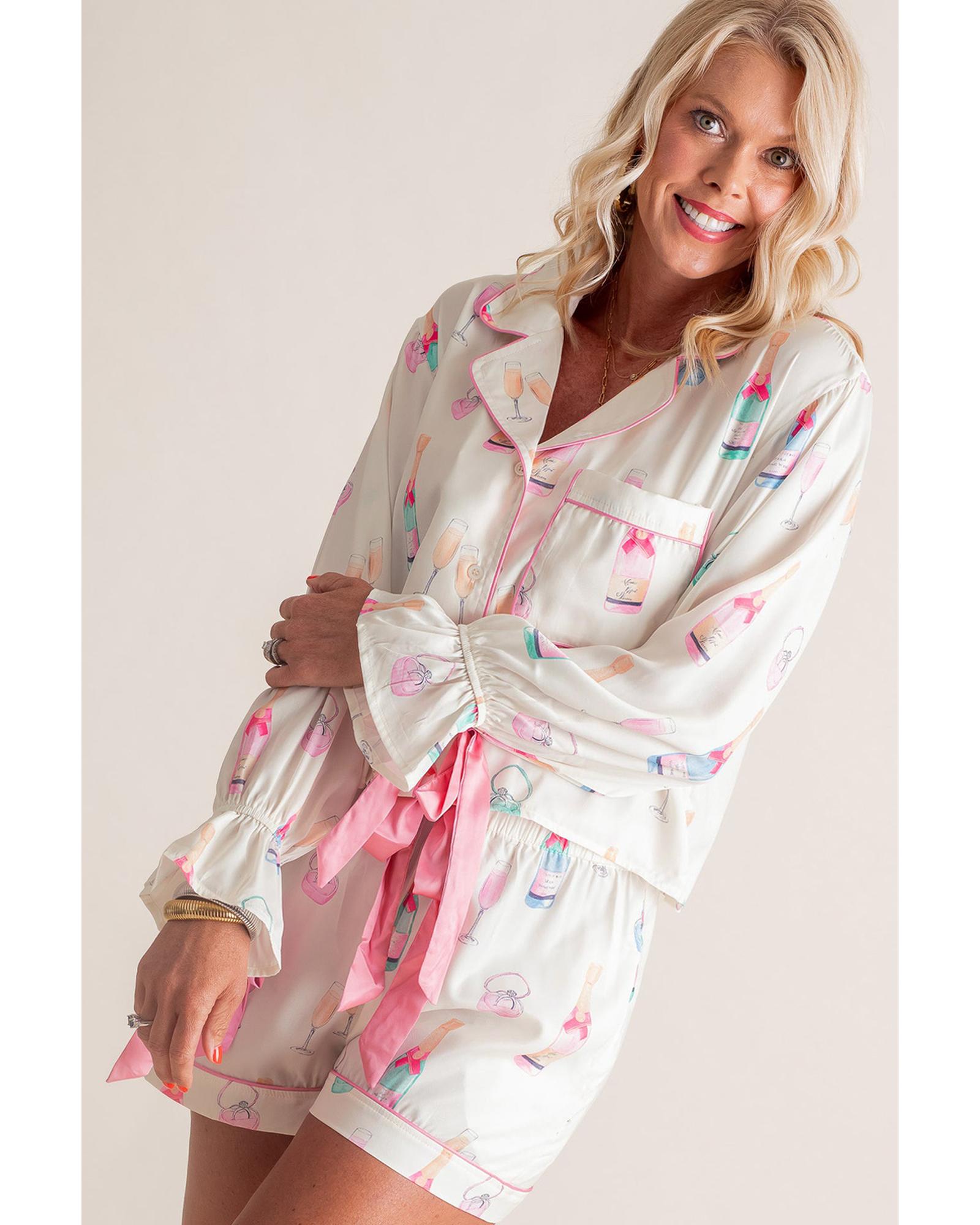 White Plus Size Wine Glass Print Bow Knot Pajama Set - 4X