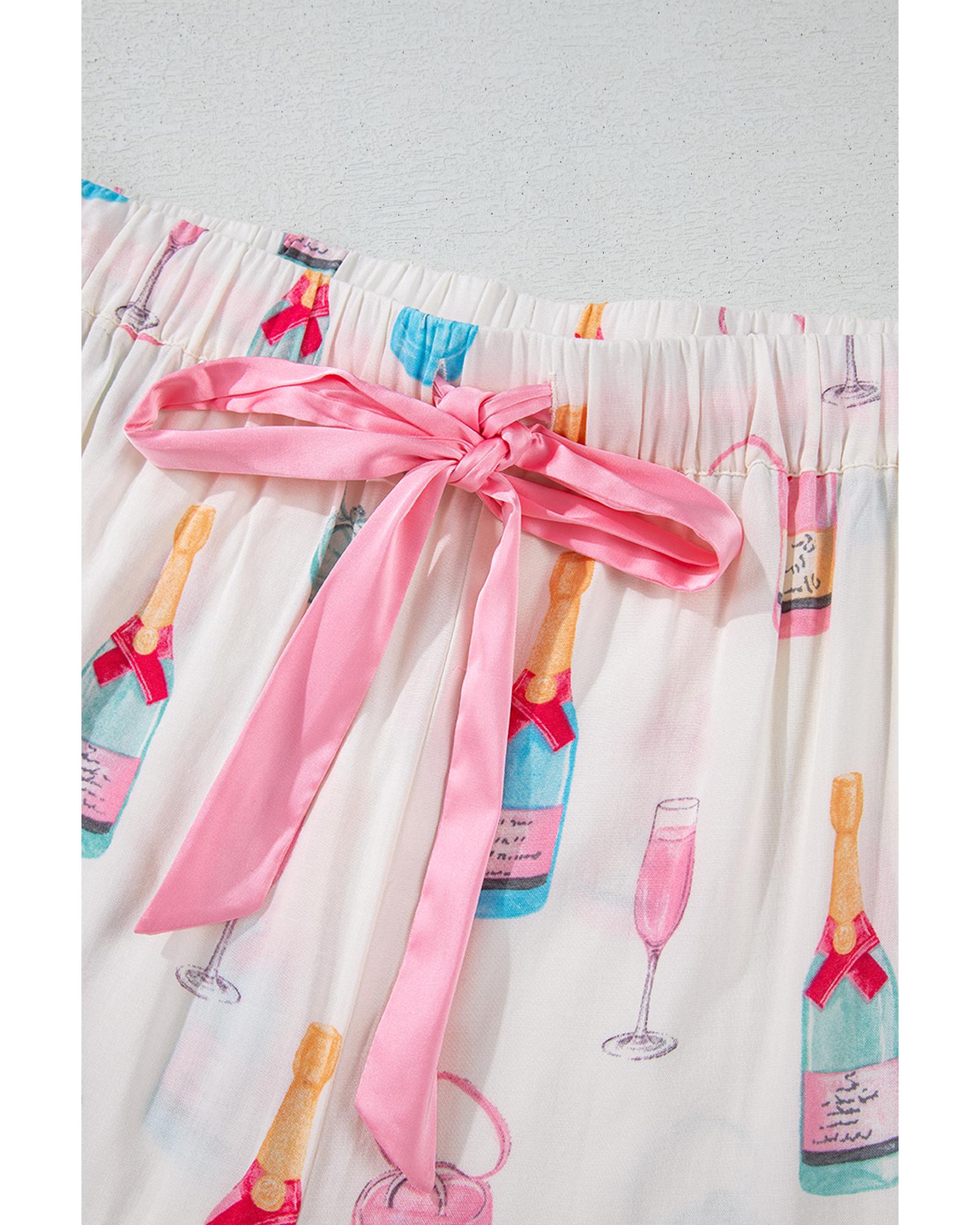 White Plus Size Wine Glass Print Bow Knot Pajama Set - 4X 6