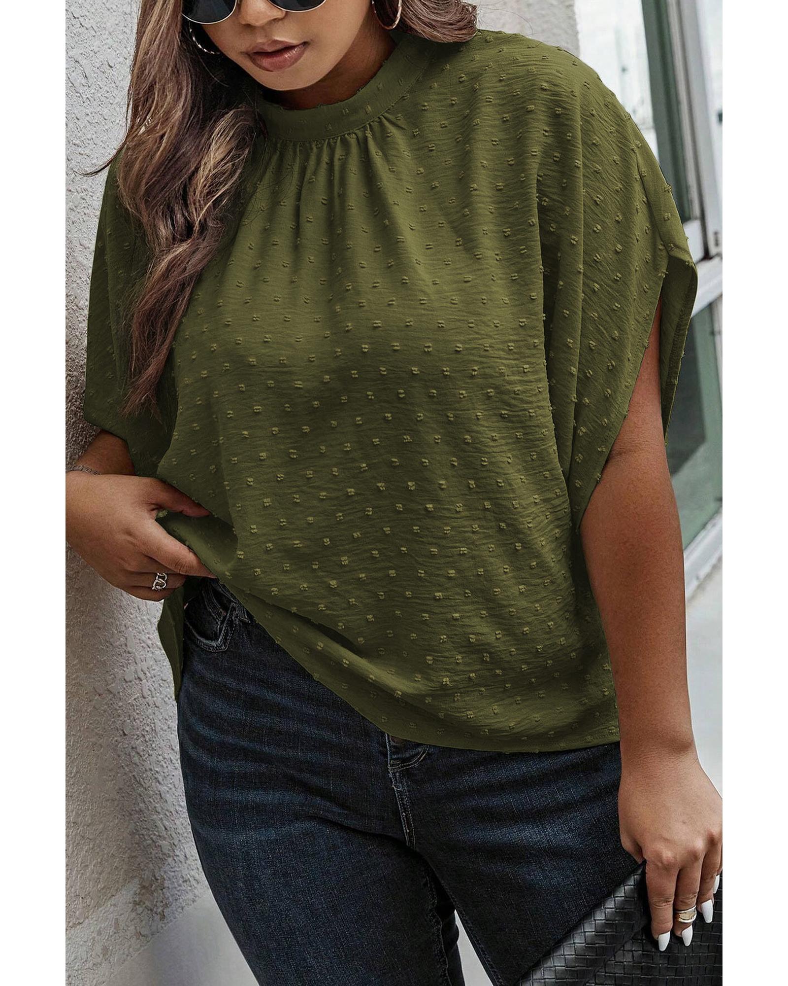 Moss Green Plus Size Swiss Dot Mock Neck Tied Nape Top - 1X 3