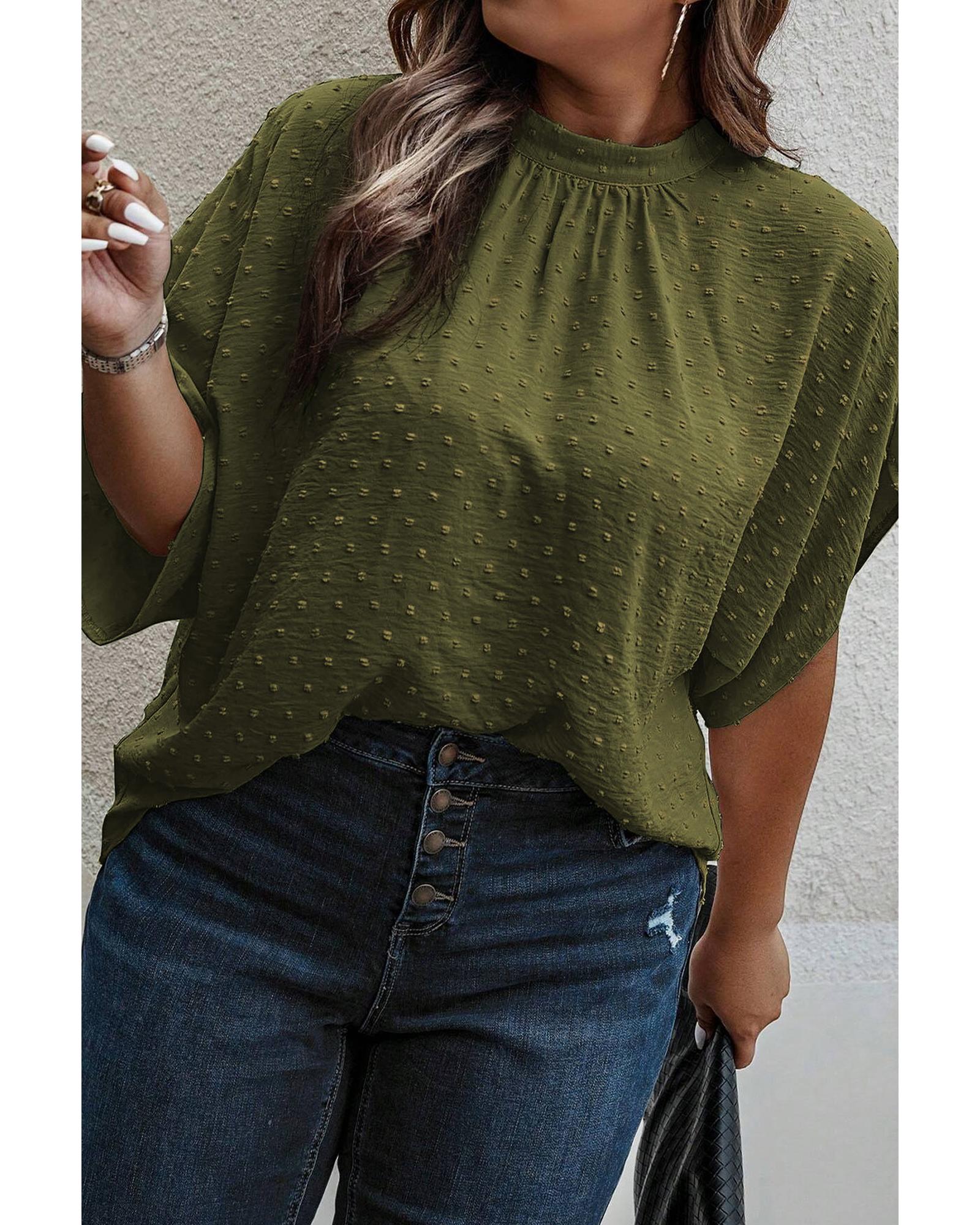 Moss Green Plus Size Swiss Dot Mock Neck Tied Nape Top - 1X 4