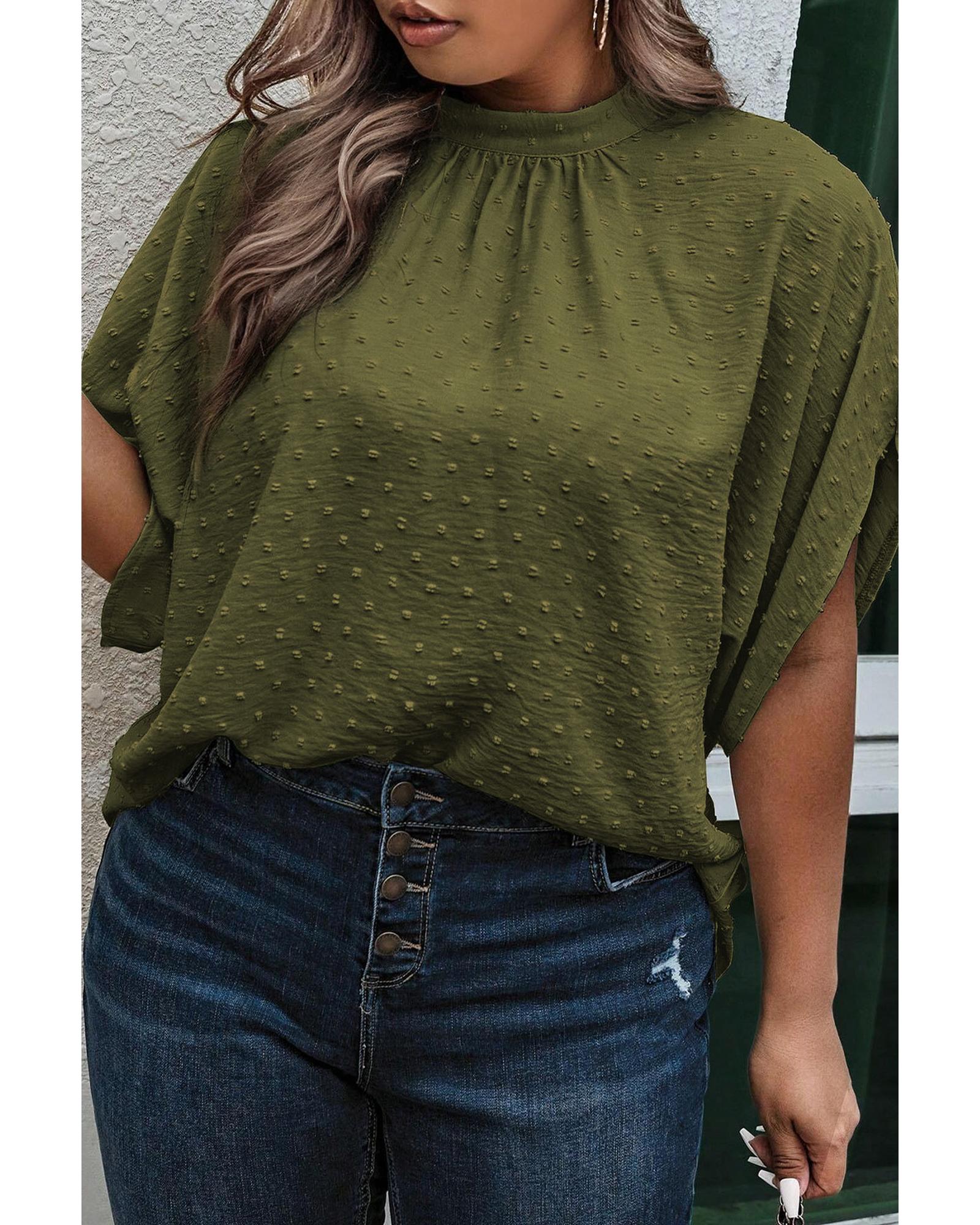Moss Green Plus Size Swiss Dot Mock Neck Tied Nape Top - 2X 3