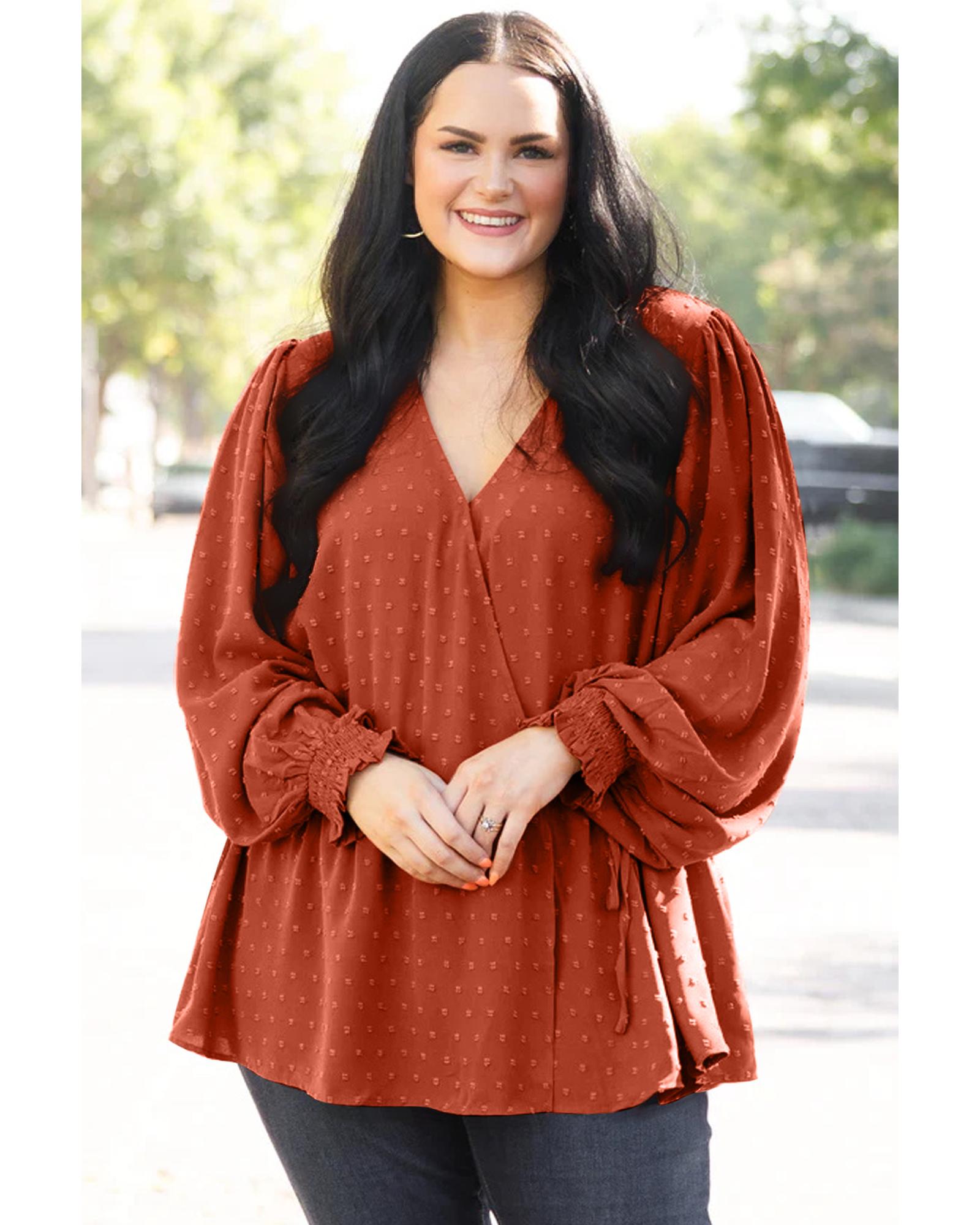 Gold Flame Plus Size Swiss Dot V Neck Wrap Tie Side Blouse - 2X 4