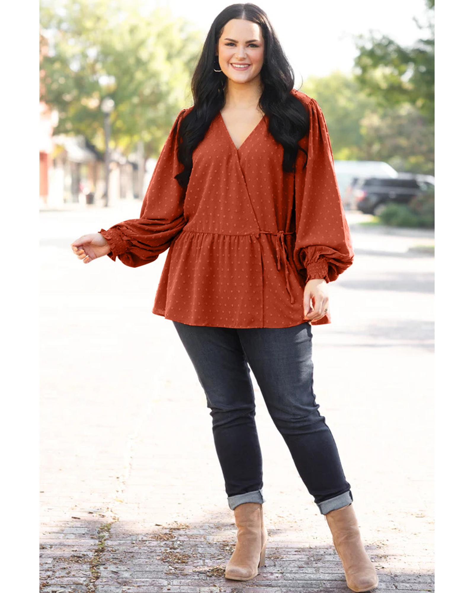 Gold Flame Plus Size Swiss Dot V Neck Wrap Tie Side Blouse - 3X