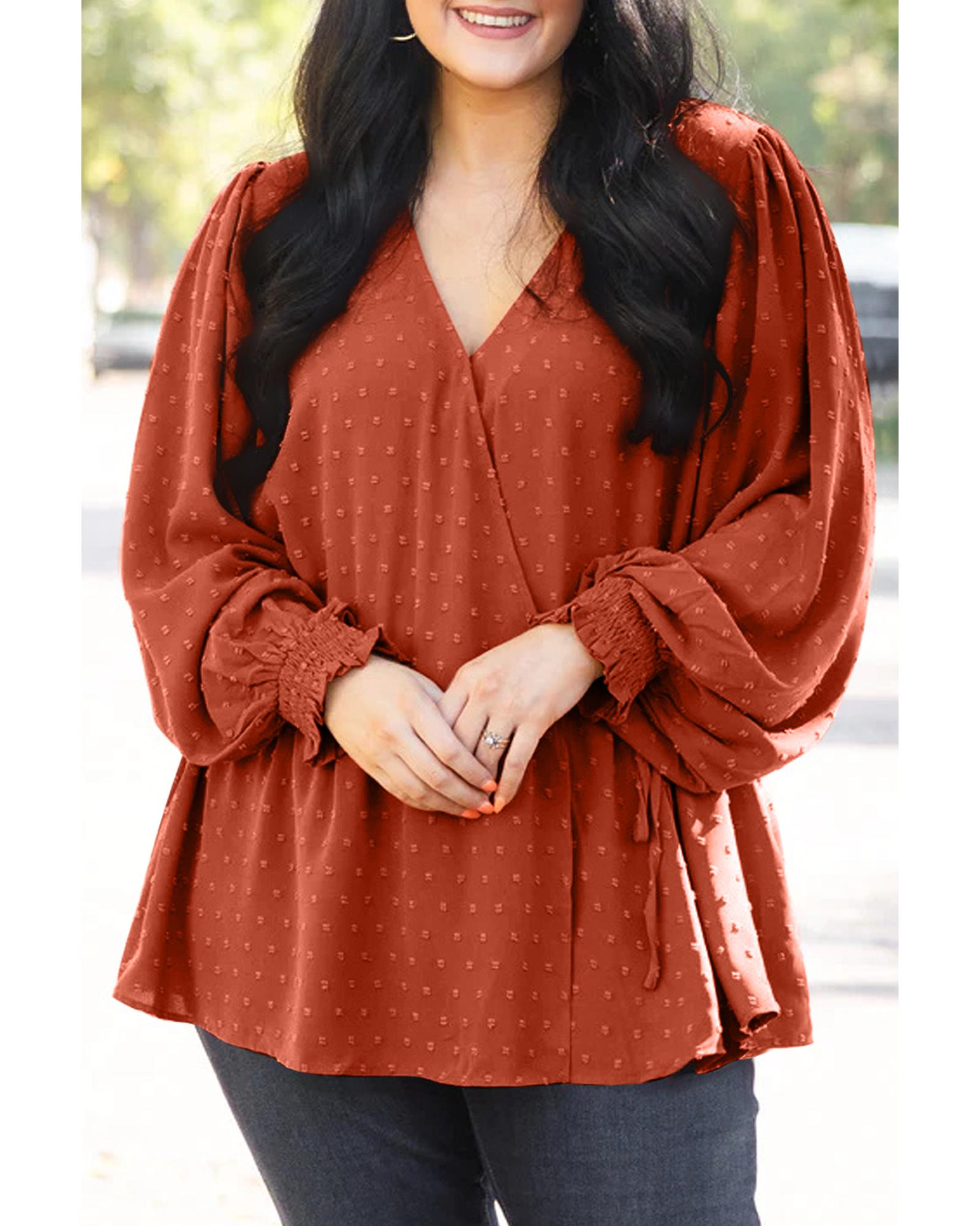 Gold Flame Plus Size Swiss Dot V Neck Wrap Tie Side Blouse - 3X 3
