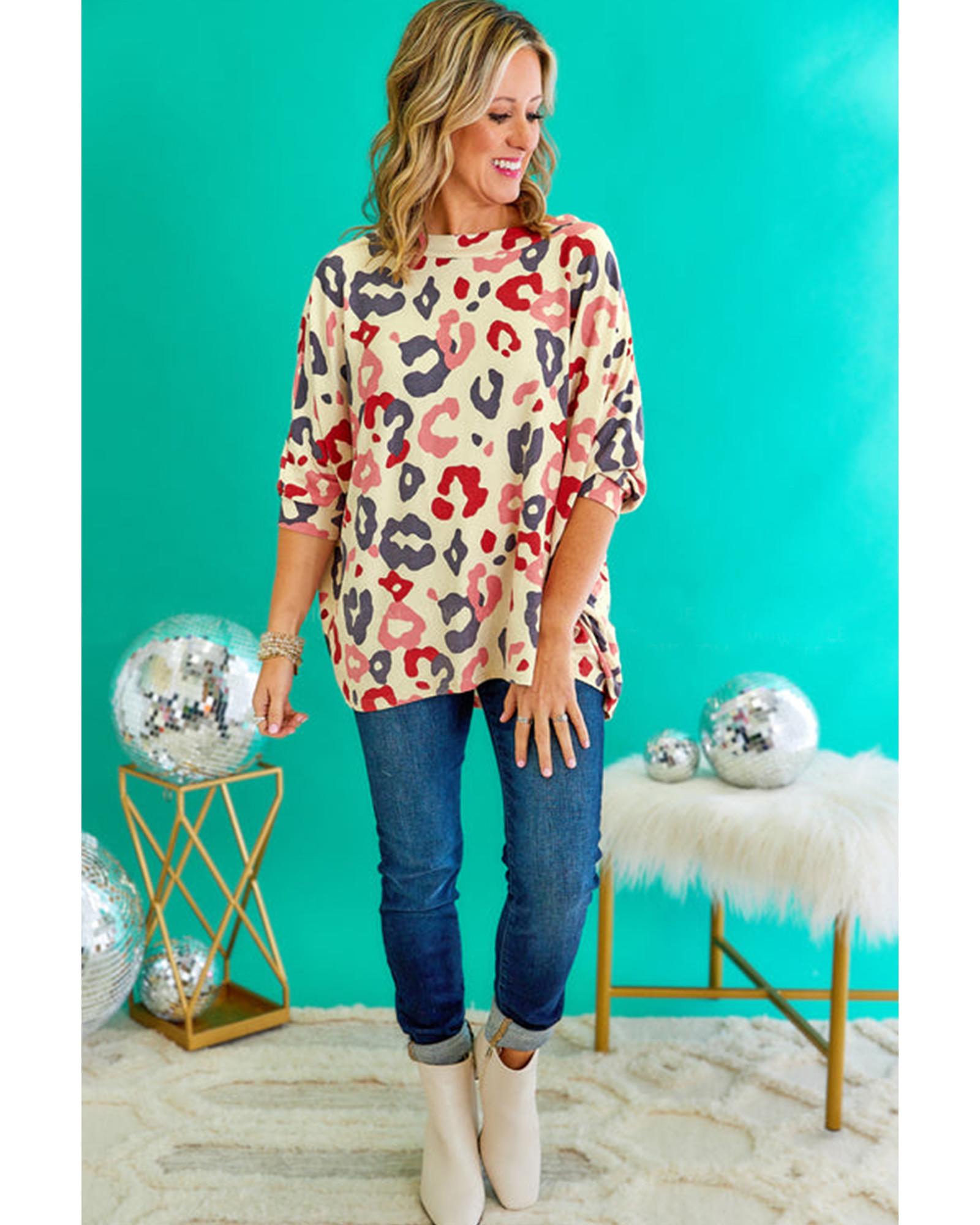 White Colorful Leopard Print Batwing Sleeve Plus Jumper - 2X 3