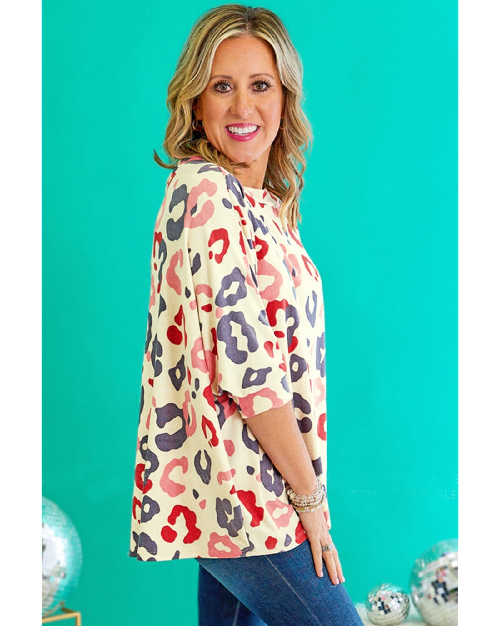 White Colorful Leopard Print Batwing Sleeve Plus Jumper - 2X 6