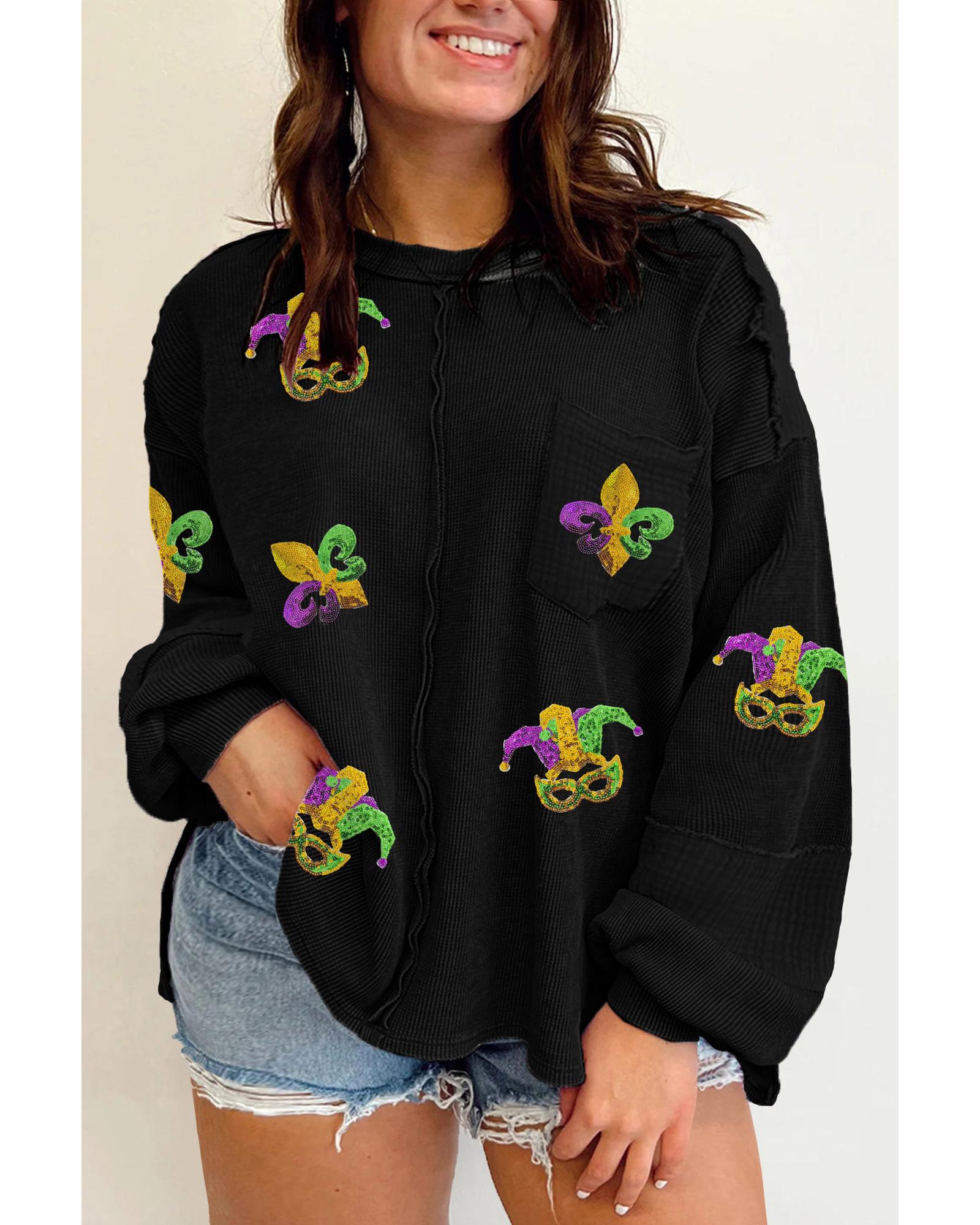 Black Plus Size Mardi Gras Patch Crinkle Patchwork Top - 1X