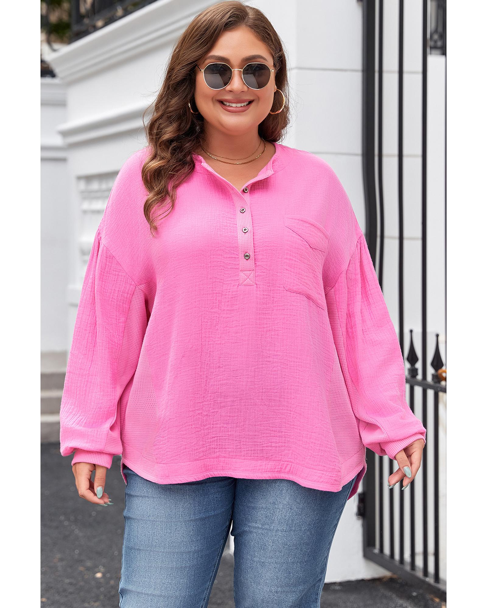 Bonbon Half Buttons Chest Pocket Drop Sleeve Plus Size Top - 1X 6